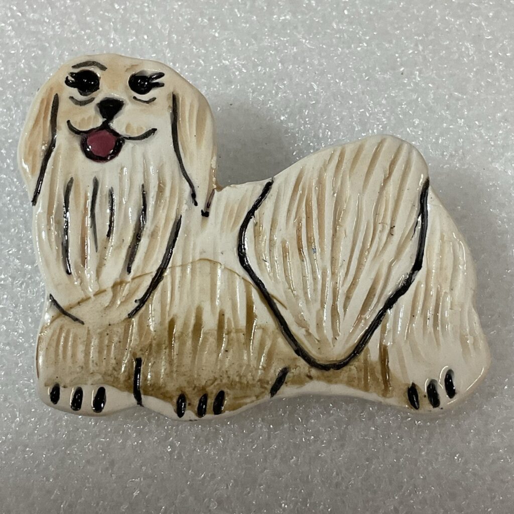 Vintage Sunday Ceramic Dog Pooch Lhasa Apso 2.25”x1.75” Ceramic Pin Pinback - Image 1