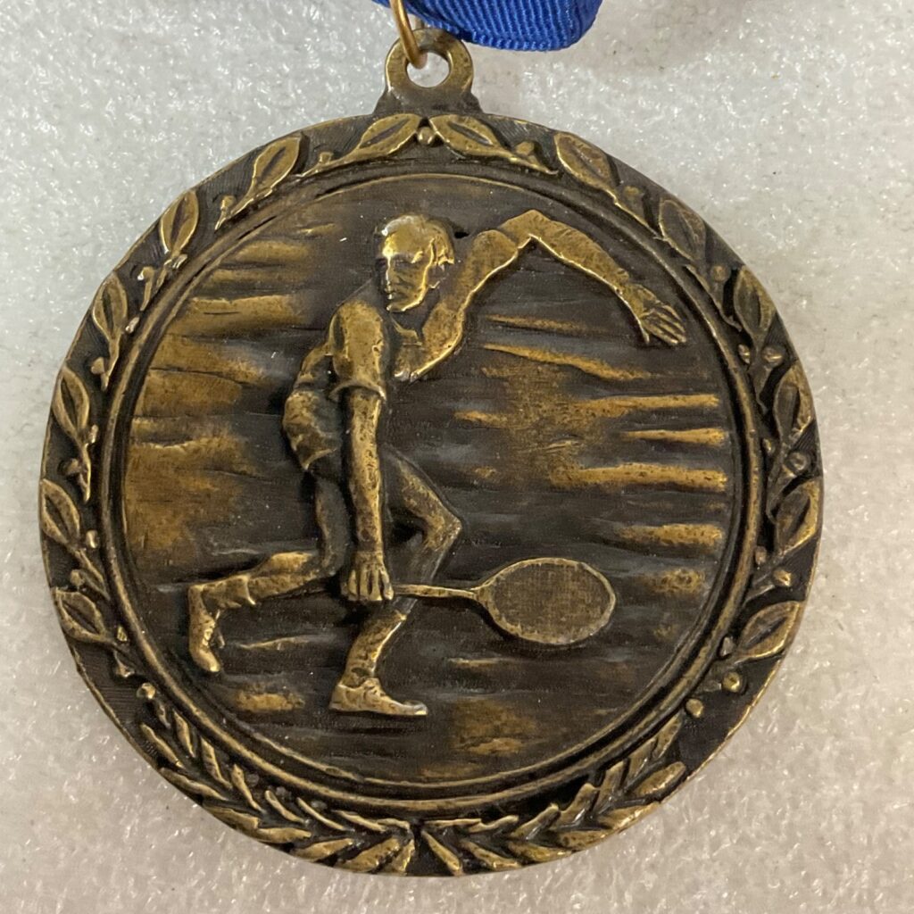 Vintage Bronze Tone Tennis Medal Award 92g Sports Trophy w/ Ribbon 2.5" - Image 1