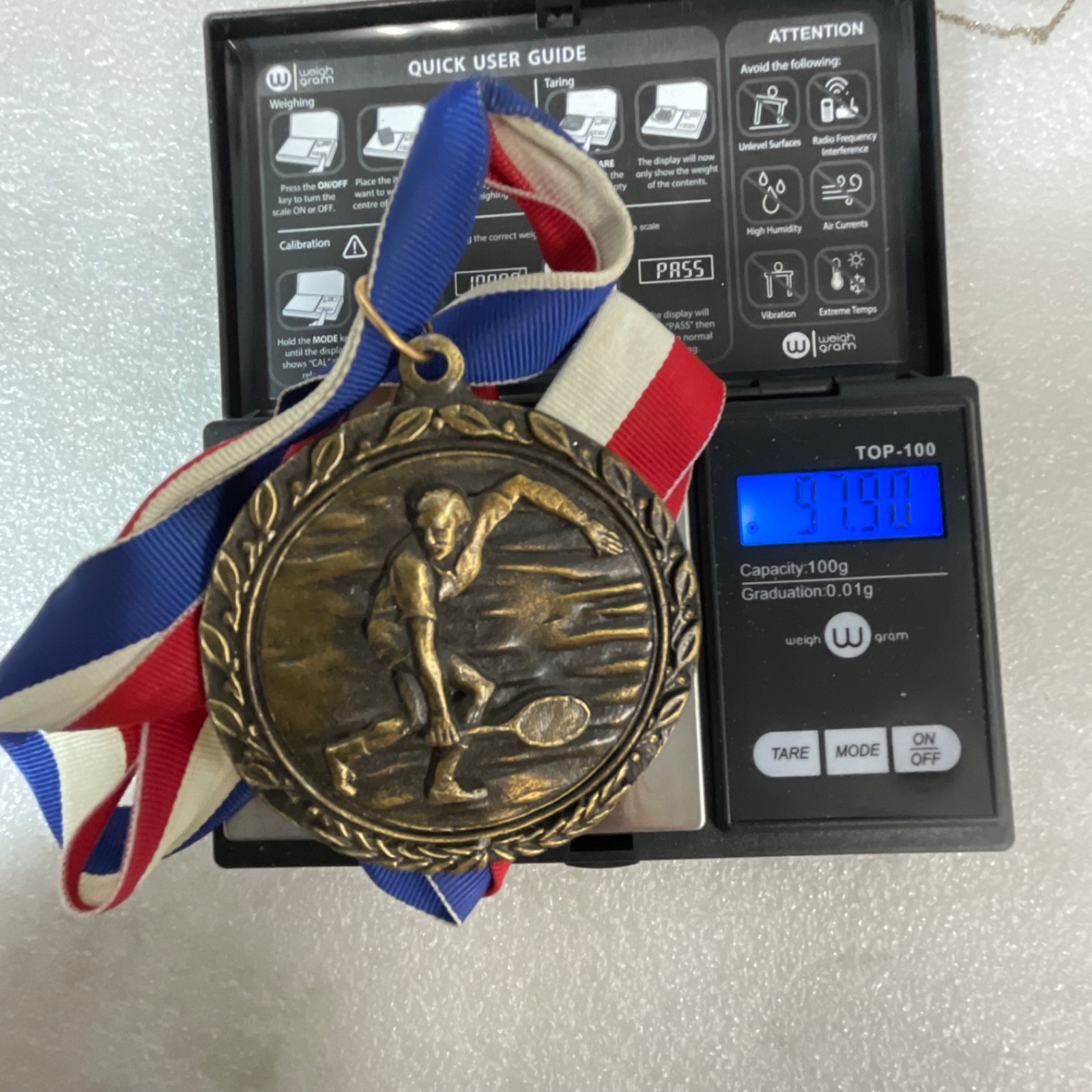 Vintage Bronze Tone Tennis Medal Award 92g Sports Trophy w/ Ribbon 2.5" - Image 6
