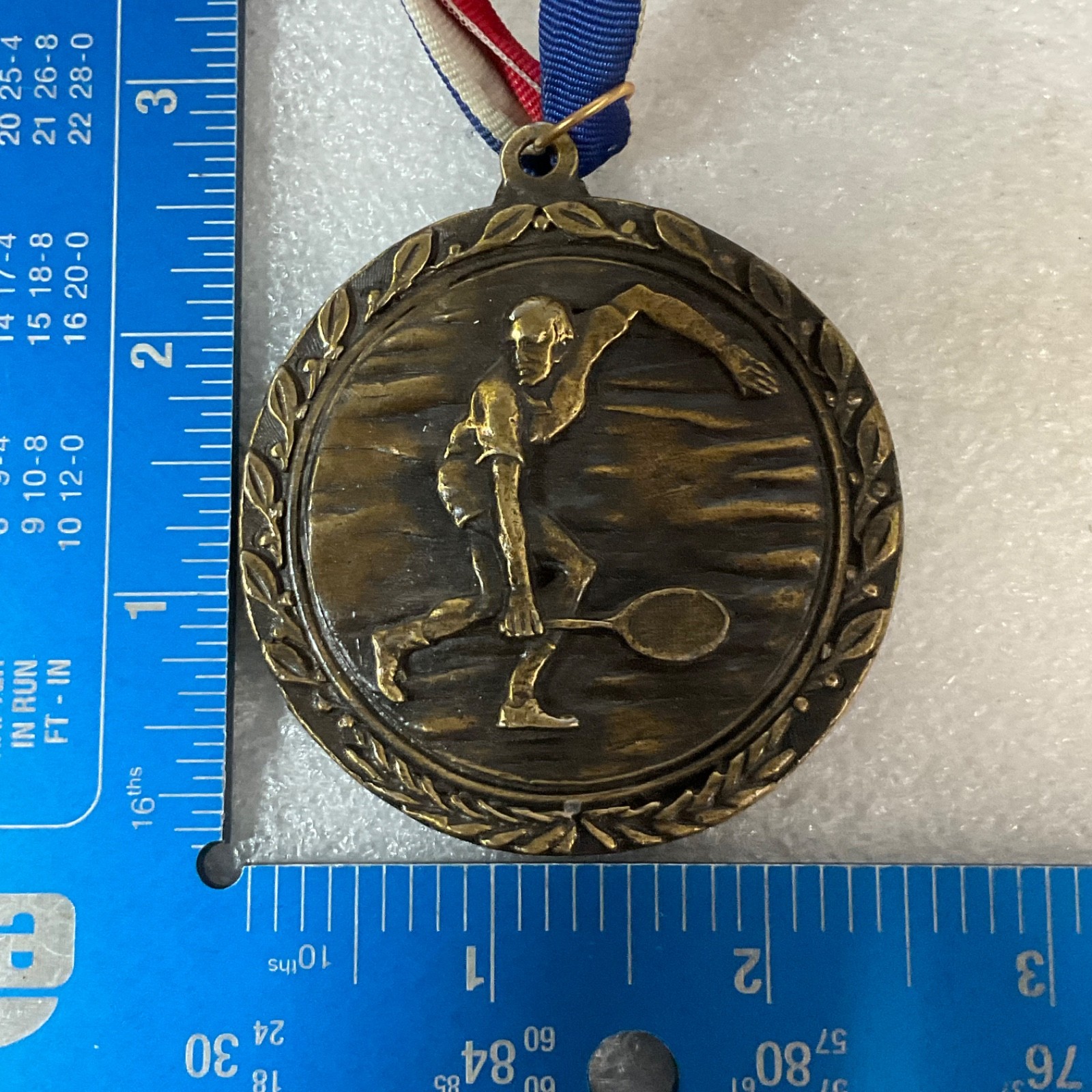 Vintage Bronze Tone Tennis Medal Award 92g Sports Trophy w/ Ribbon 2.5" - Image 3