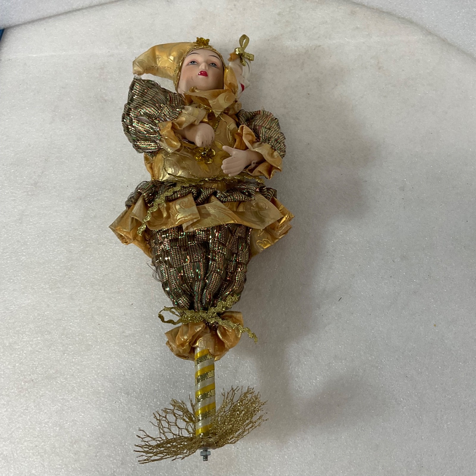 Gold Harlequin Jester Musical Wind Up Doll 12in Mask Base Mount - Image 1