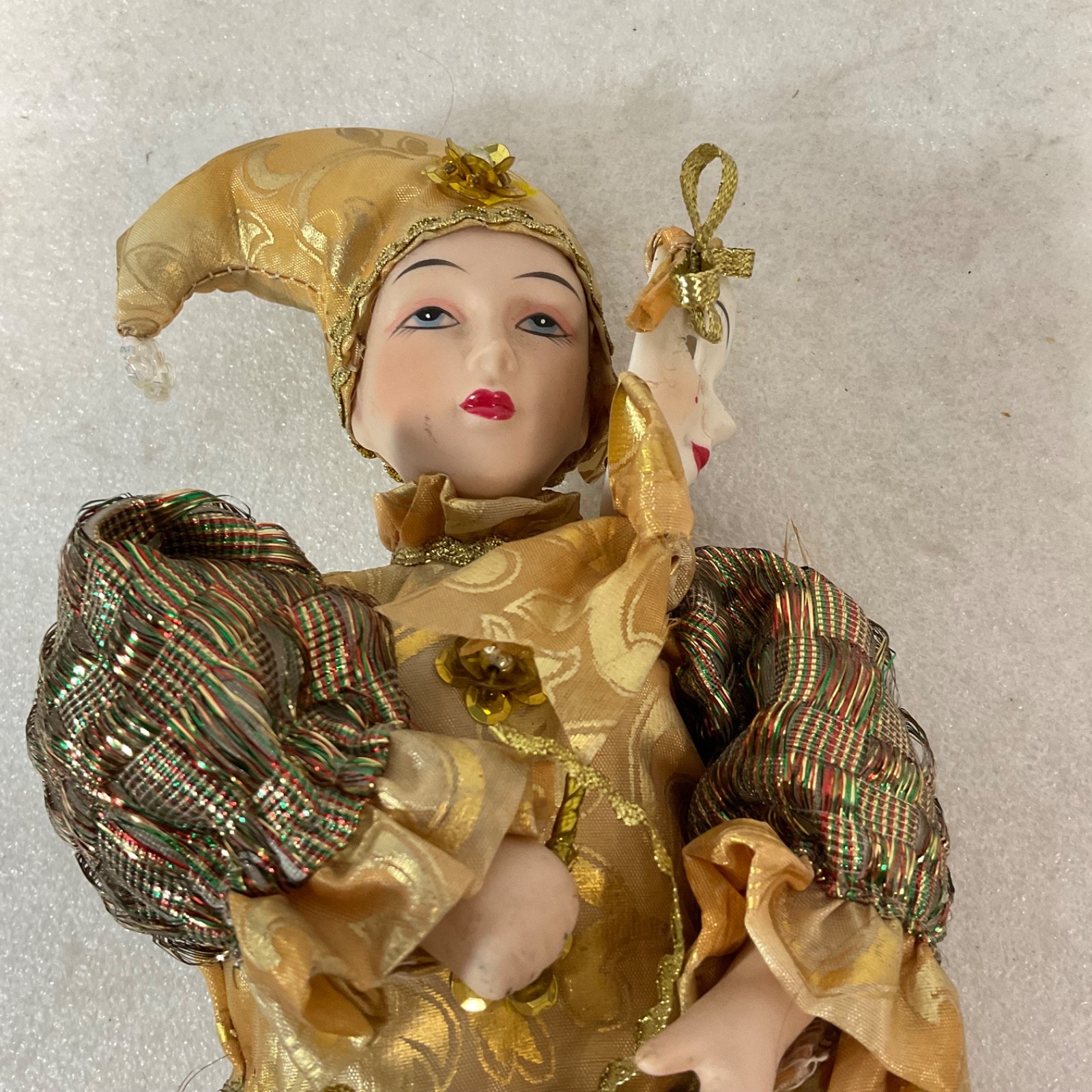 Gold Harlequin Jester Musical Wind Up Doll 12in Mask Base Mount - Image 2