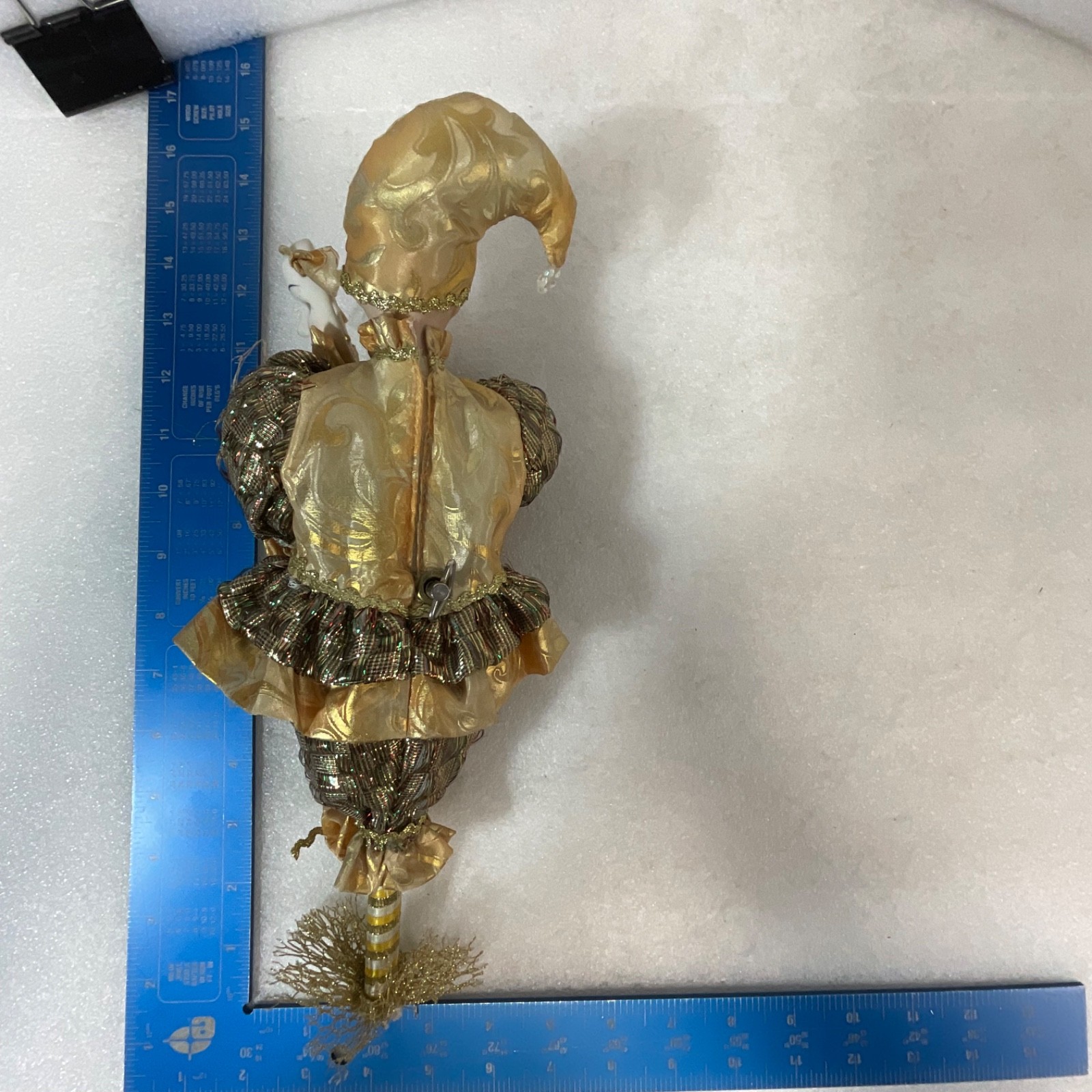 Gold Harlequin Jester Musical Wind Up Doll 12in Mask Base Mount - Image 4