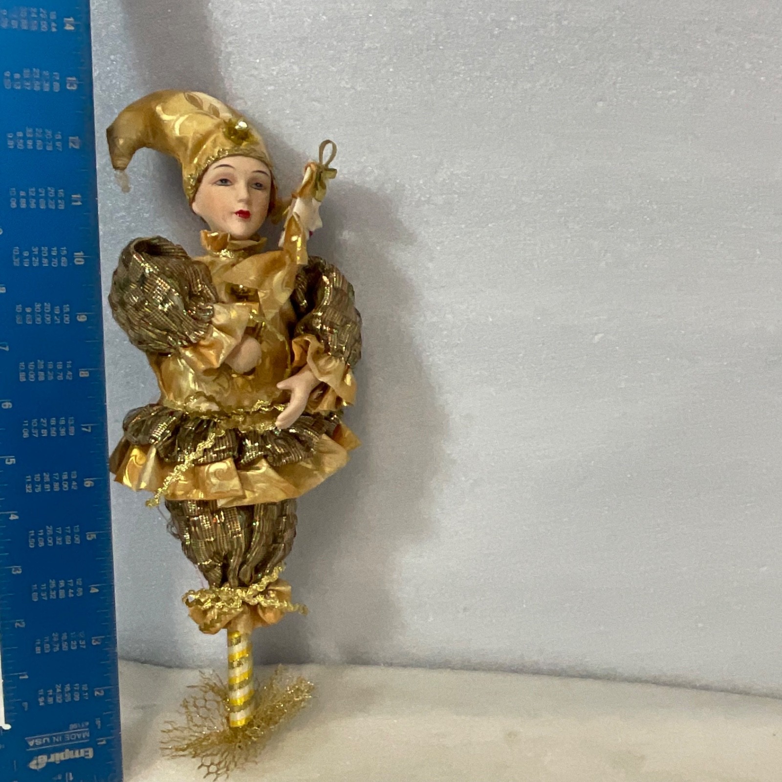 Gold Harlequin Jester Musical Wind Up Doll 12in Mask Base Mount - Image 5