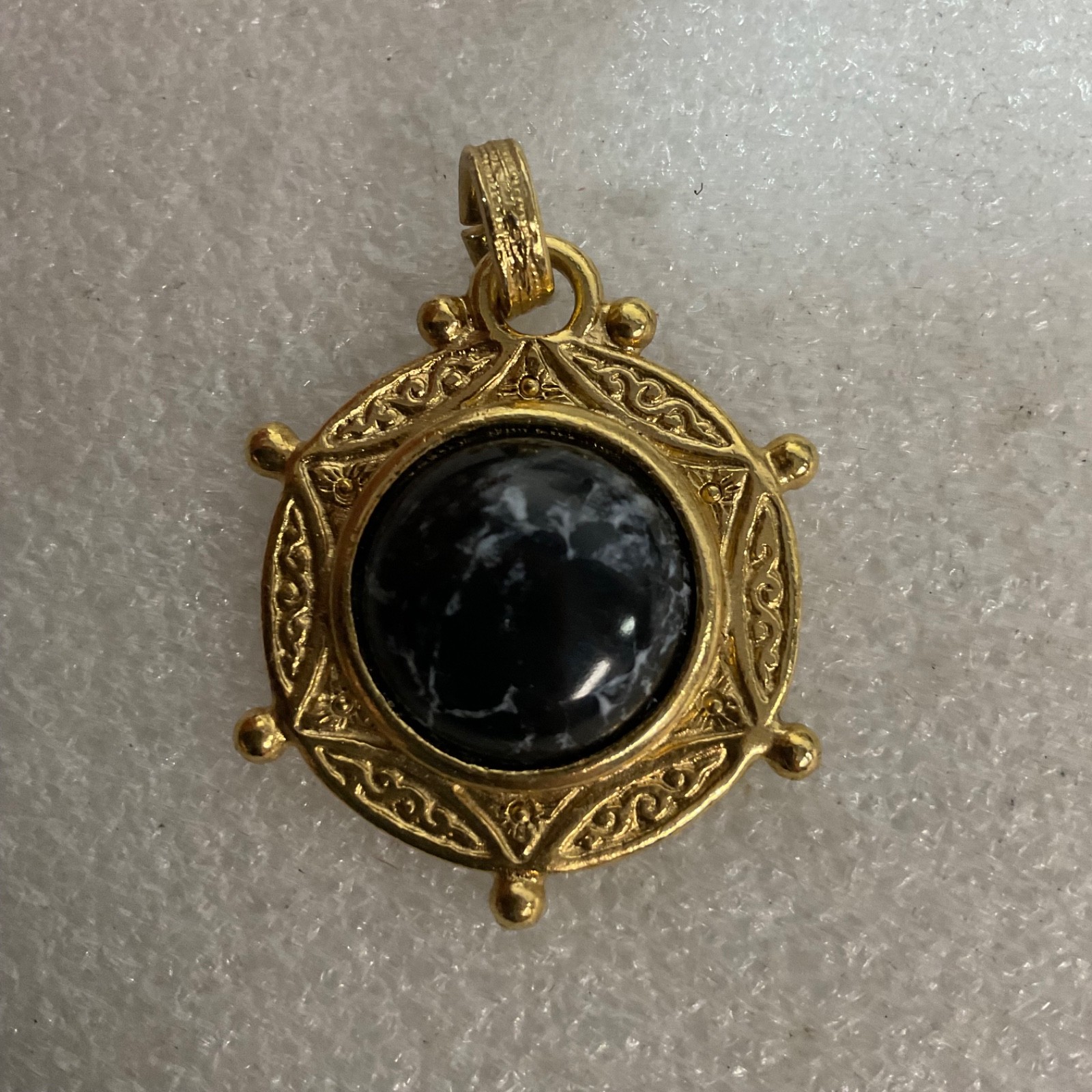Vintage Express Gold Tone Ship Wheel Pendant Black White Stone Nautical Jewelry - Image 1