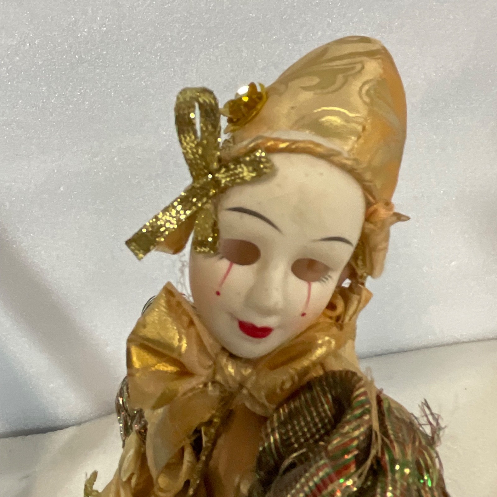 Gold Harlequin Jester Musical Wind Up Doll 12in Mask Base Mount - Image 10