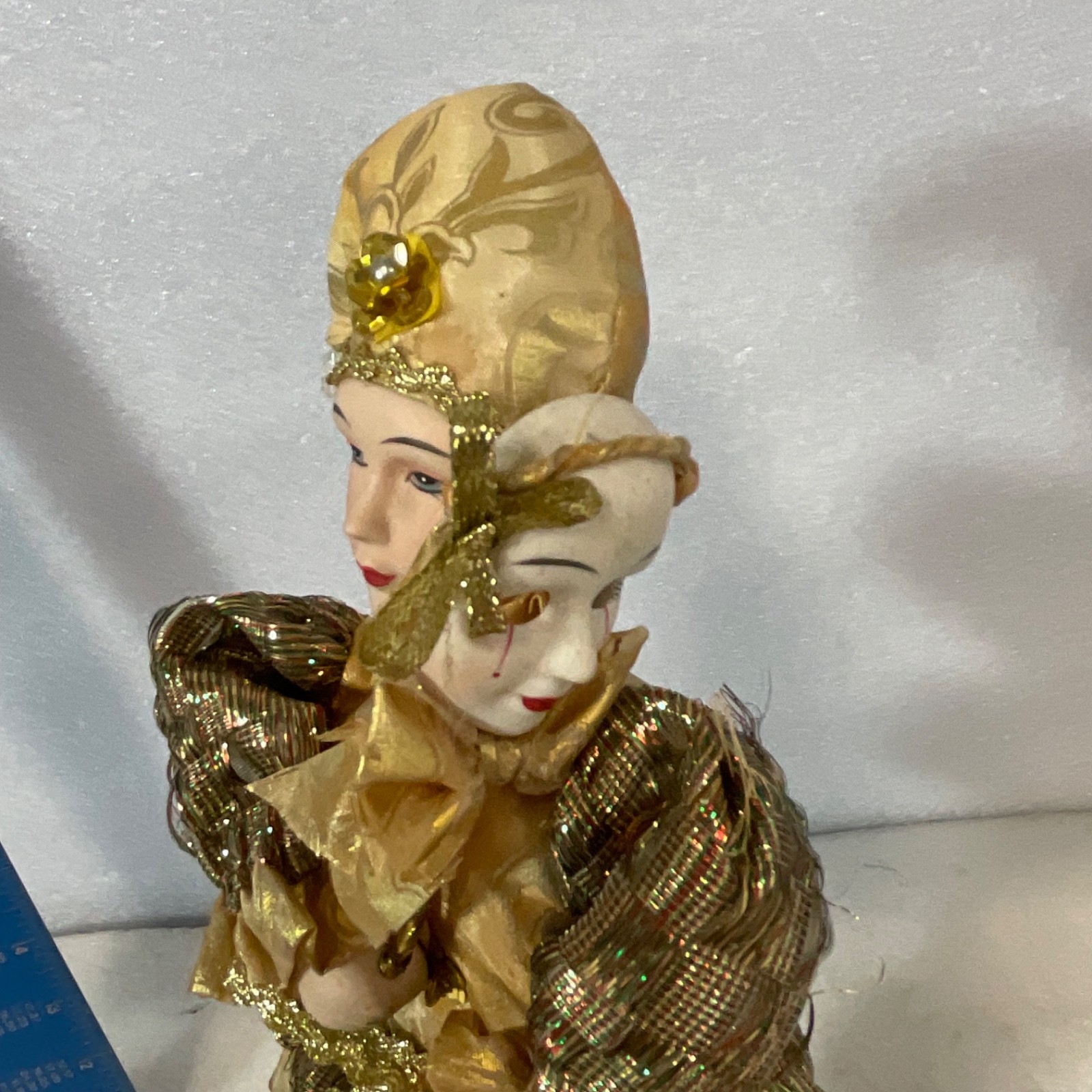 Gold Harlequin Jester Musical Wind Up Doll 12in Mask Base Mount - Image 9