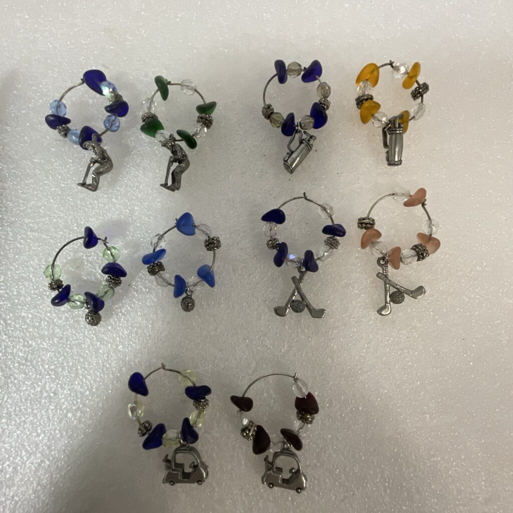 Lot of 10 Wine Glass Charms Golf Theme Beaded Stem Markers w/ Pouch - Image 1