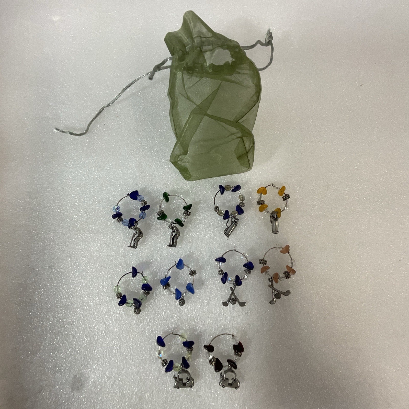 Lot of 10 Wine Glass Charms Golf Theme Beaded Stem Markers w/ Pouch - Image 2