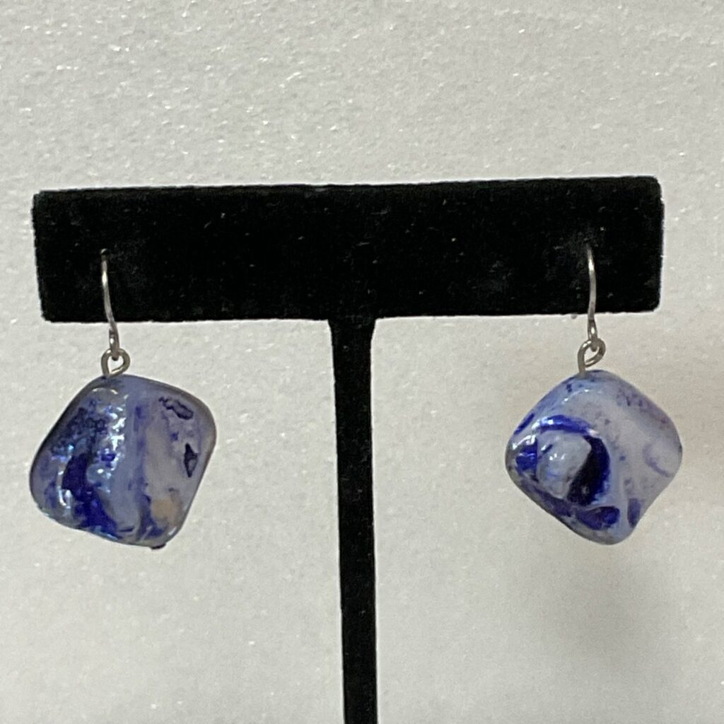 Handmade Blue White Glass Drop Earrings, Dangle Art Jewelry, 8g, 1" Length - Image 1