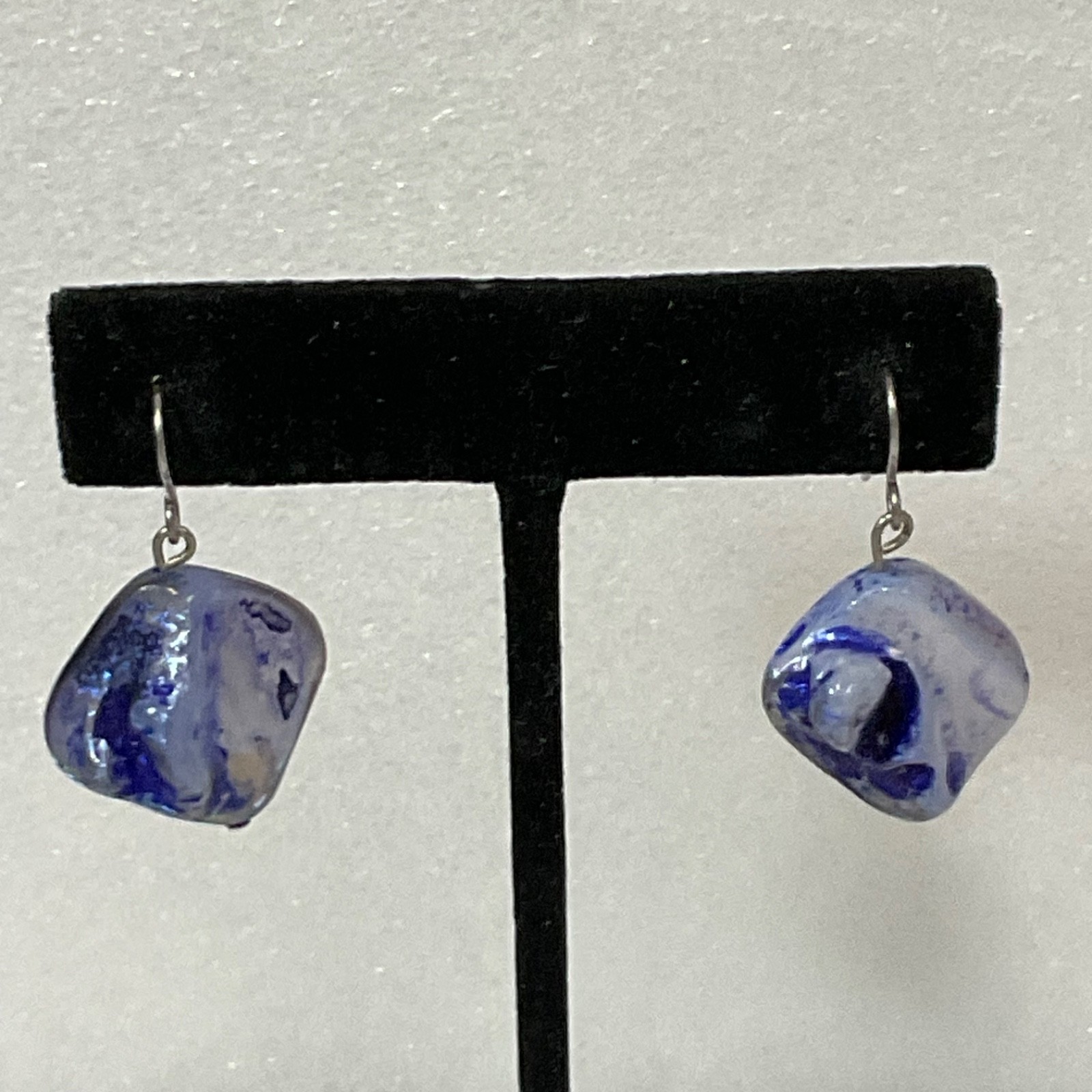 Handmade Blue White Glass Drop Earrings, Dangle Art Jewelry, 8g, 1" Length - Image 1