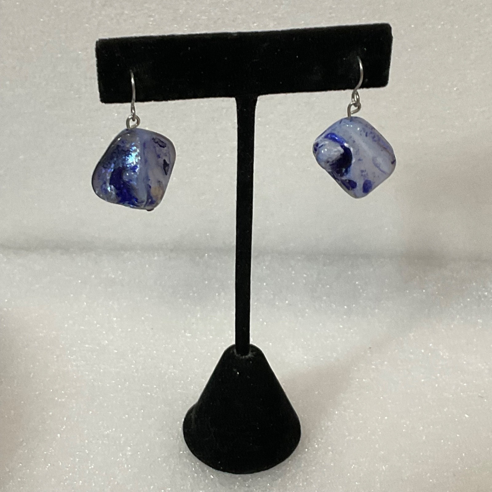 Handmade Blue White Glass Drop Earrings, Dangle Art Jewelry, 8g, 1" Length - Image 9