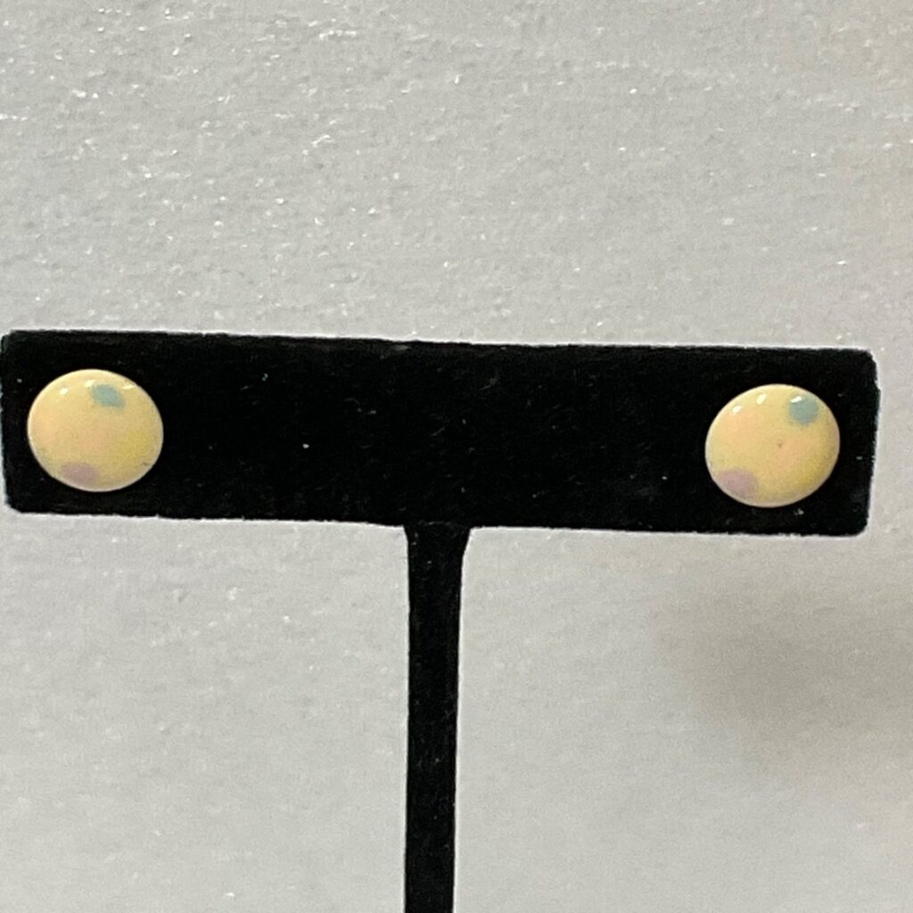 Vintage Pastel Polka Dot Stud Earrings Yellow Enamel Round Retro Jewelry 12mm - Image 1
