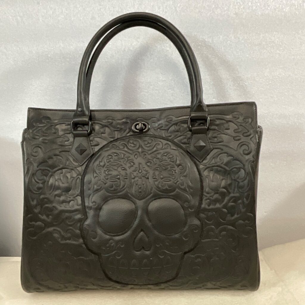 Loungefly Black Embossed Skull Handbag Tote Purse With Dust Cover - Image 1