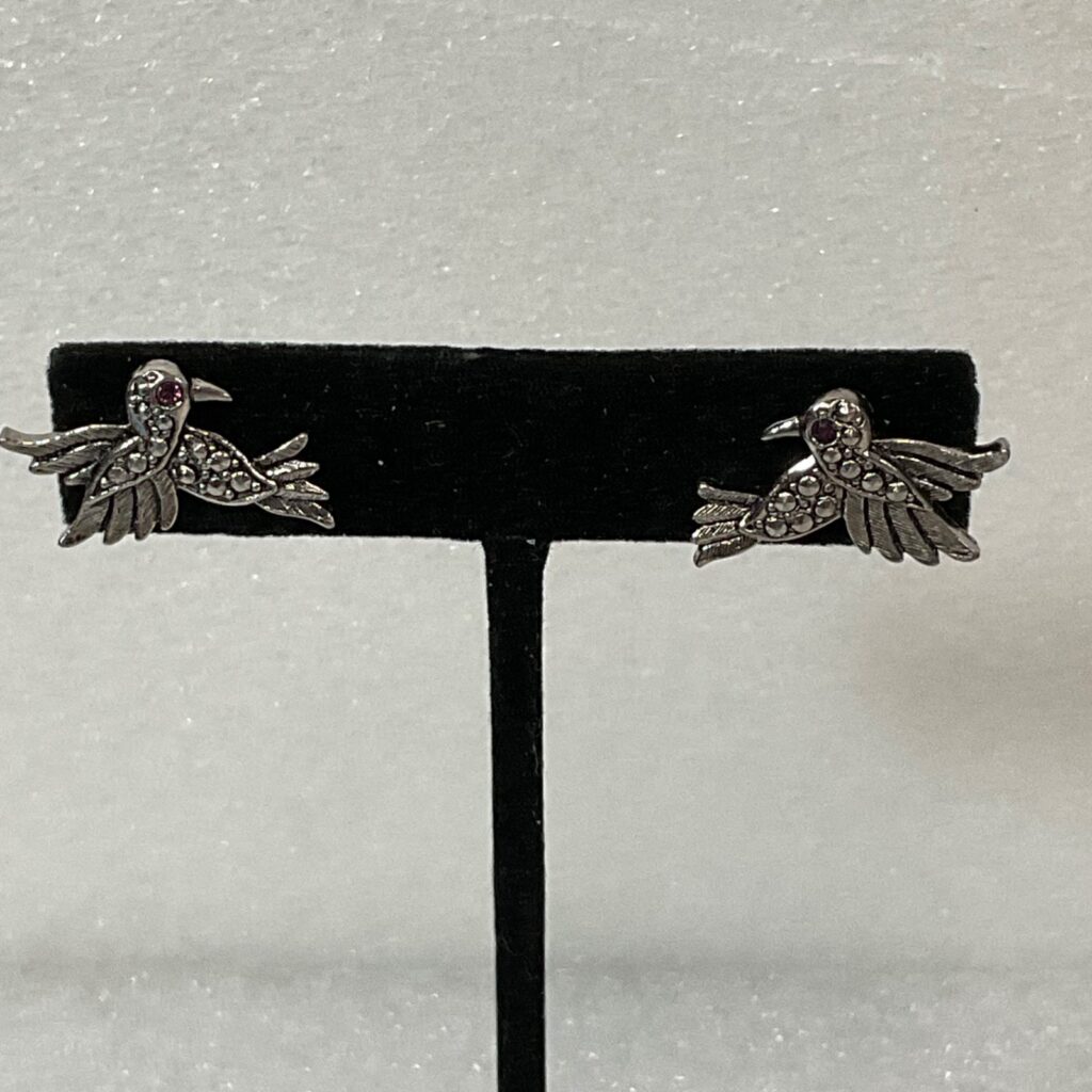 Avon Vintage Bird Earrings Silver Tone Marcasite Rhinestone Red Eye Studs - Image 1