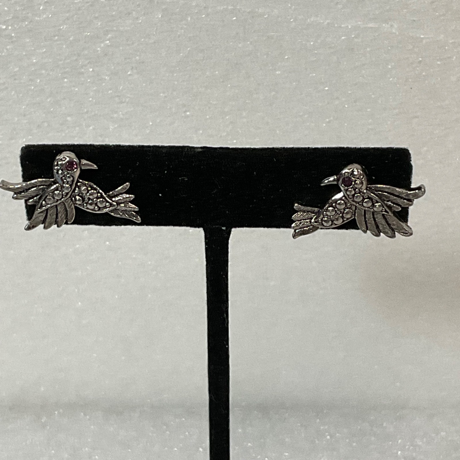 Avon Vintage Bird Earrings Silver Tone Marcasite Rhinestone Red Eye Studs - Image 1