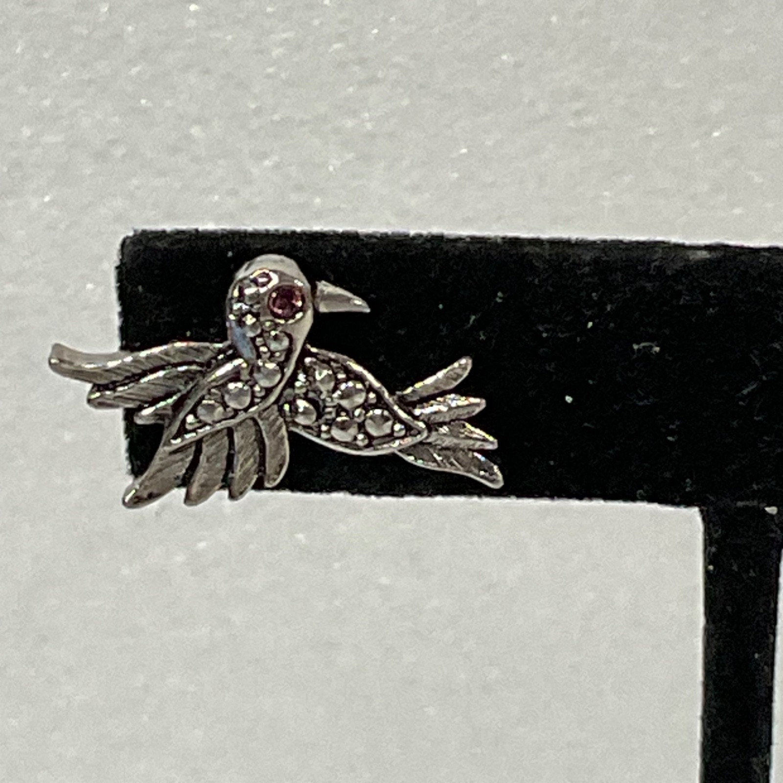 Avon Vintage Bird Earrings Silver Tone Marcasite Rhinestone Red Eye Studs - Image 3