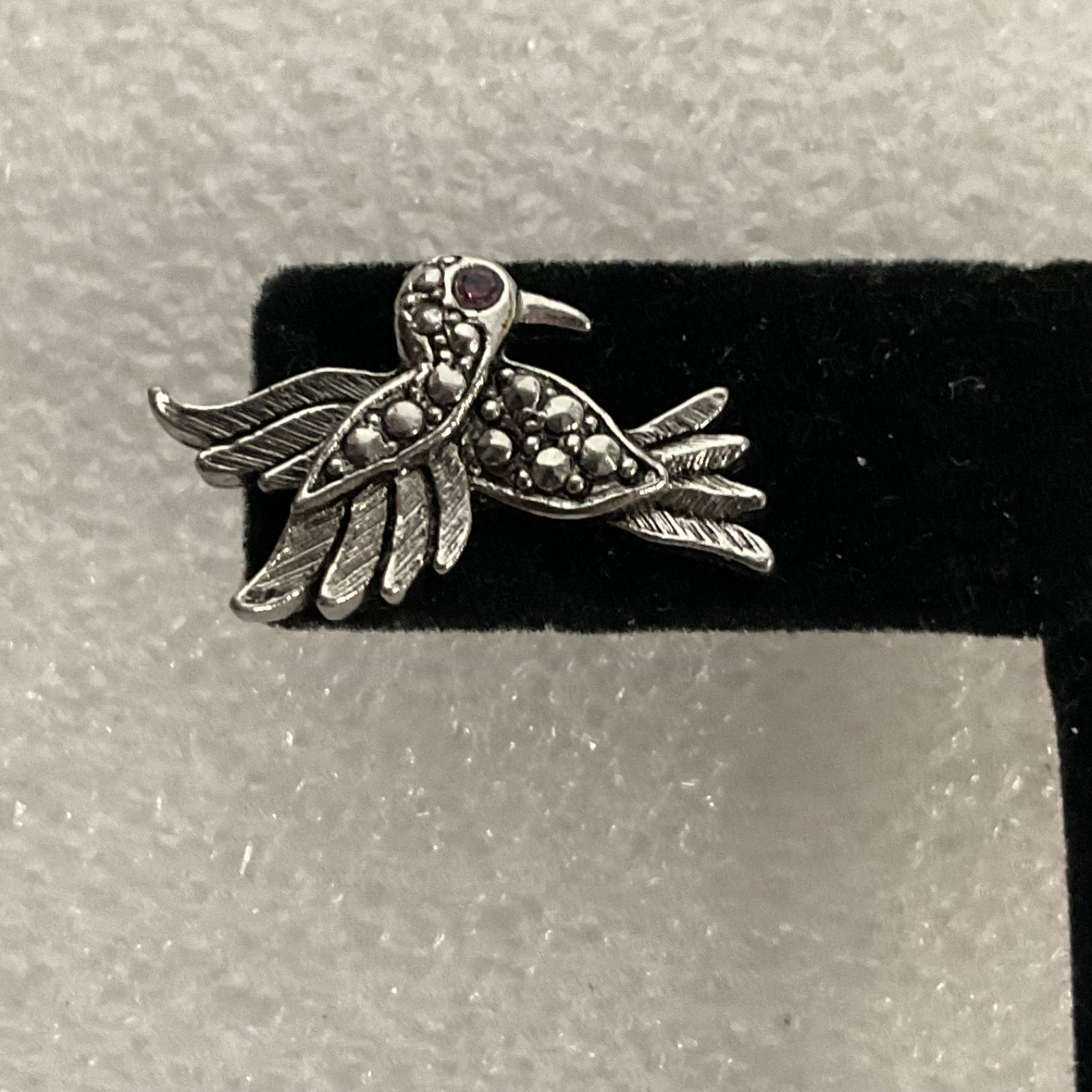 Avon Vintage Bird Earrings Silver Tone Marcasite Rhinestone Red Eye Studs - Image 5