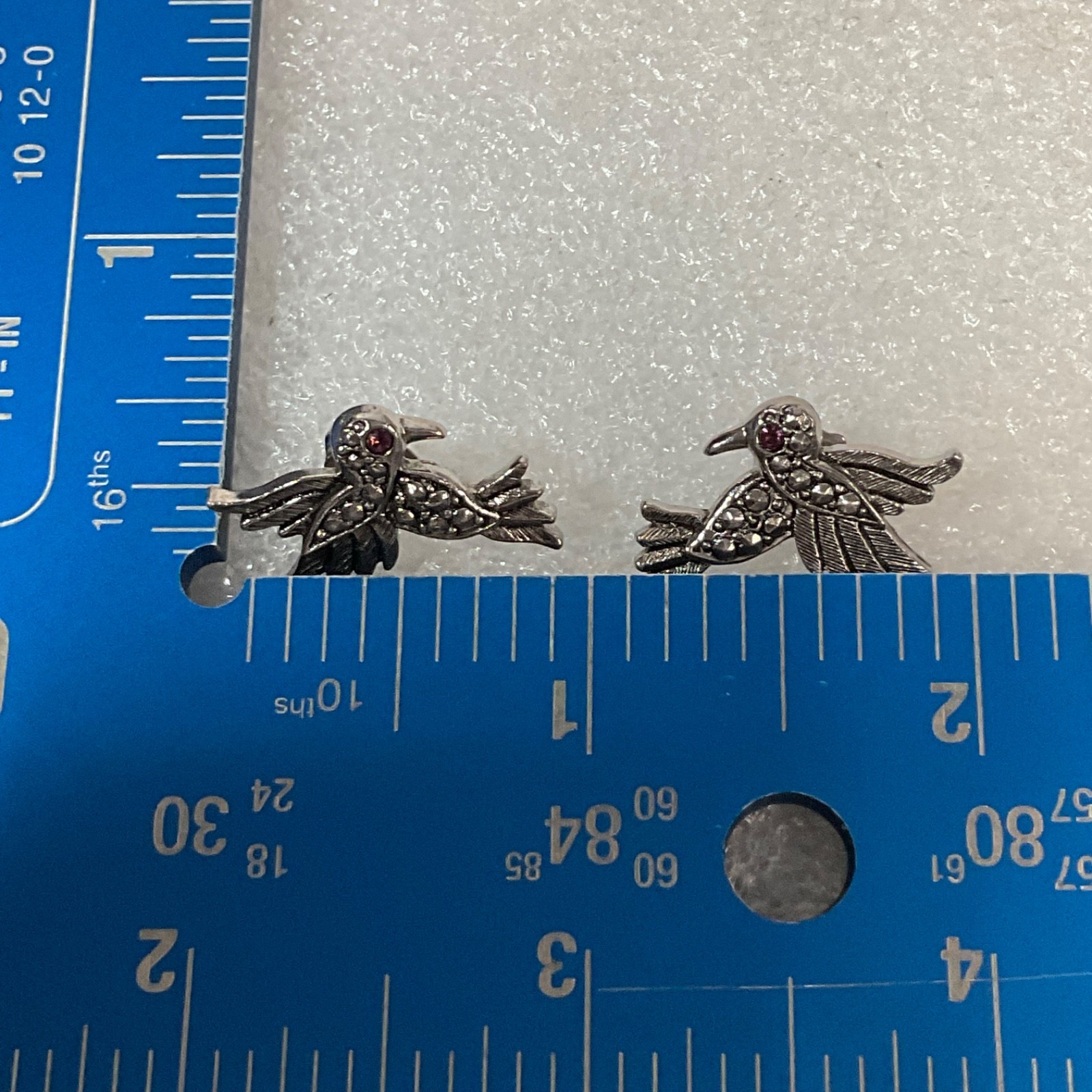 Avon Vintage Bird Earrings Silver Tone Marcasite Rhinestone Red Eye Studs - Image 11