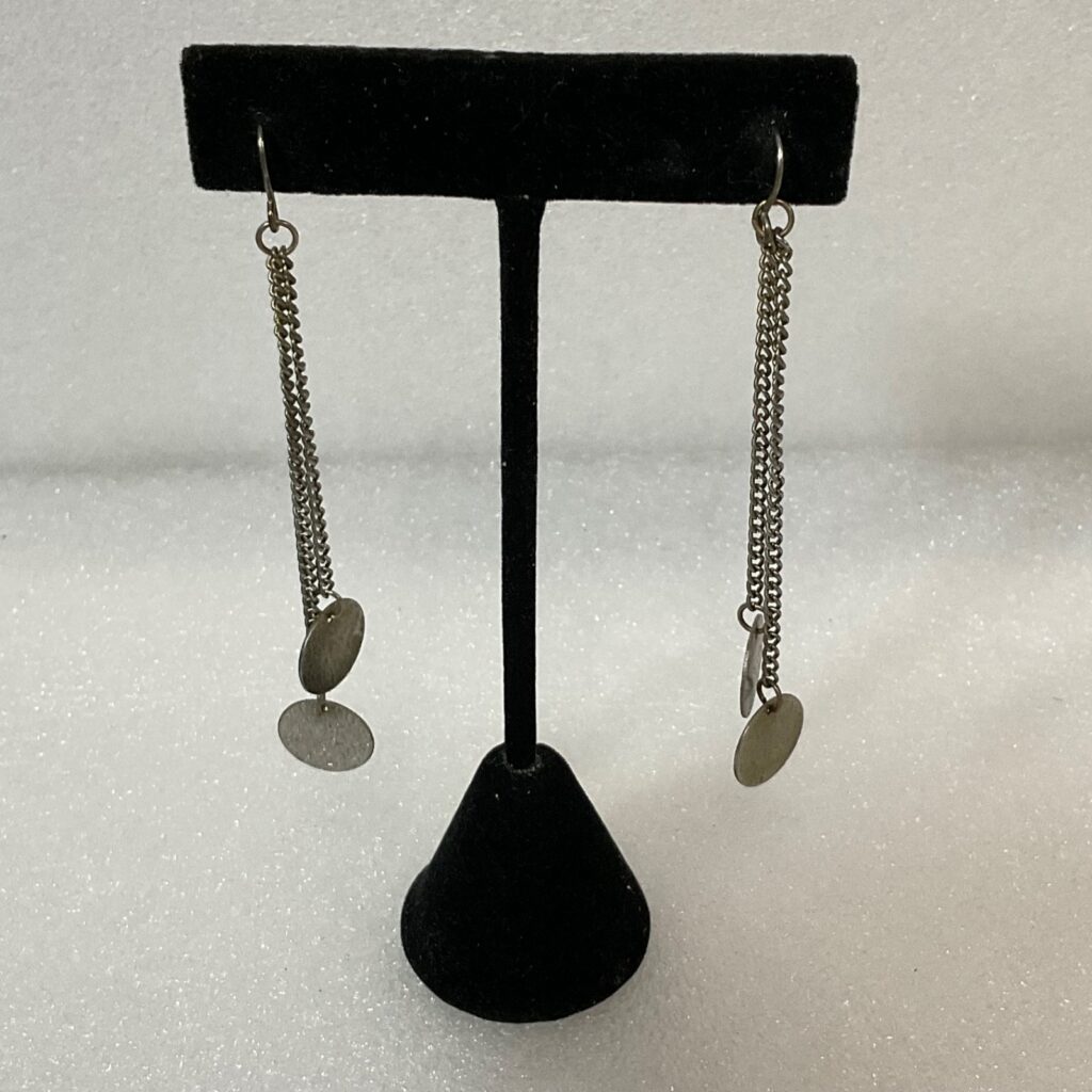 Vintage Silver Tone Dangle Earrings Long Chain Disc Drop Retro Boho Jewelry - Image 1