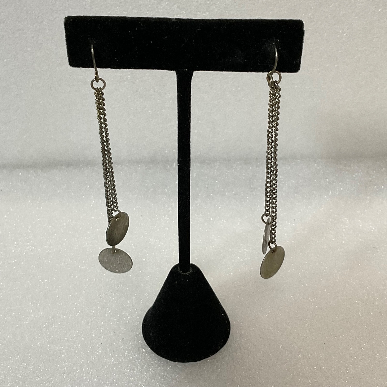 Vintage Silver Tone Dangle Earrings Long Chain Disc Drop Retro Boho Jewelry - Image 1