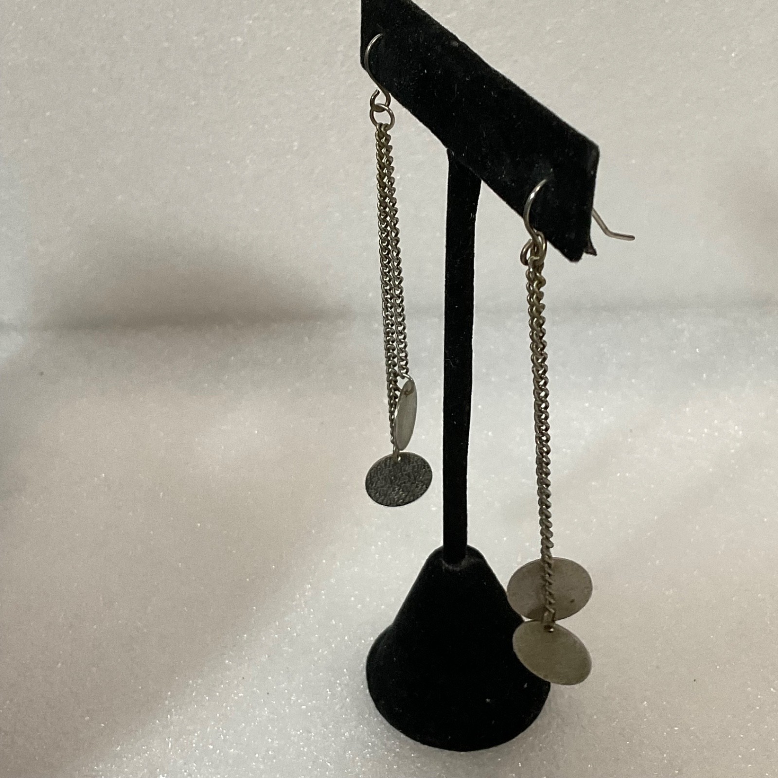 Vintage Silver Tone Dangle Earrings Long Chain Disc Drop Retro Boho Jewelry - Image 2