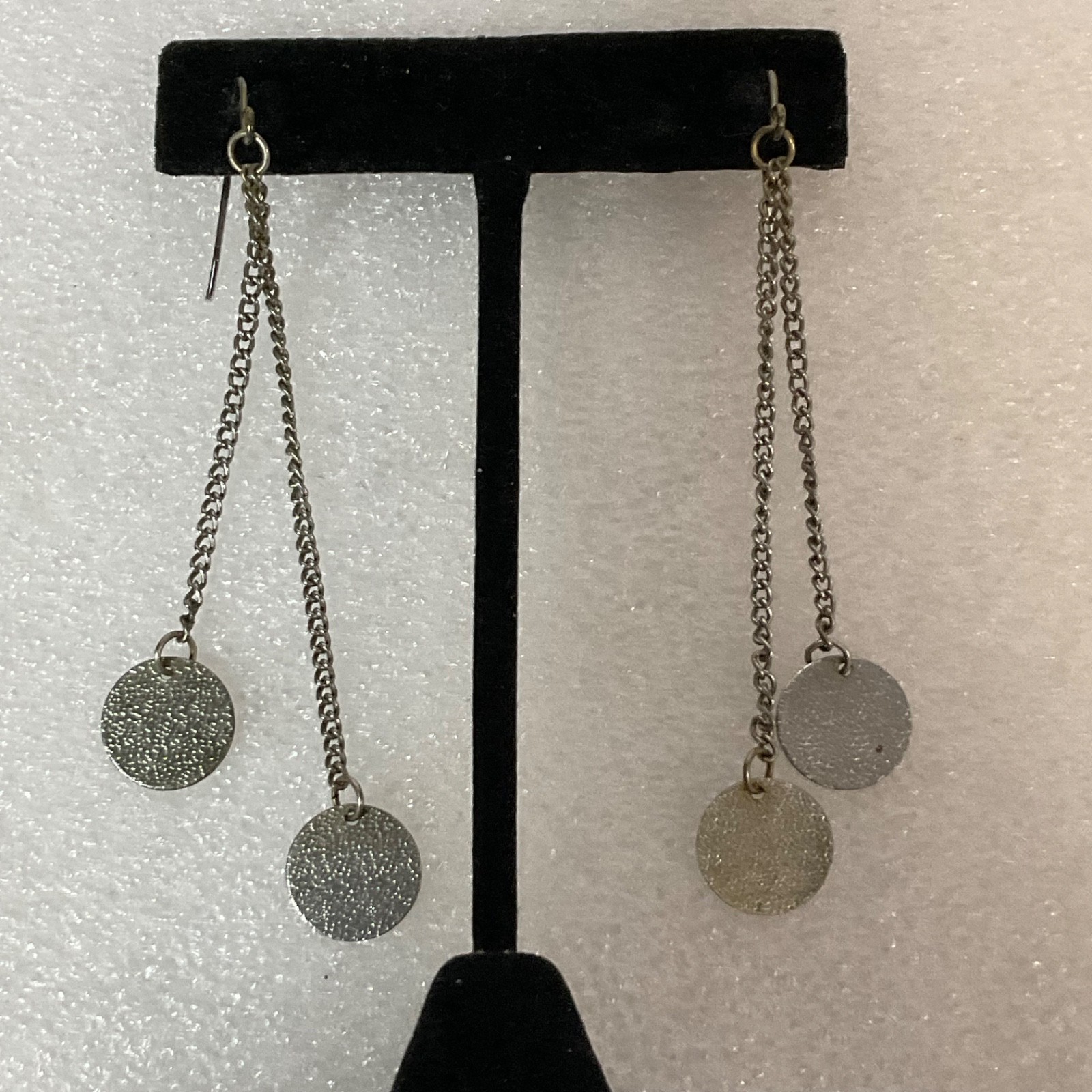 Vintage Silver Tone Dangle Earrings Long Chain Disc Drop Retro Boho Jewelry - Image 6
