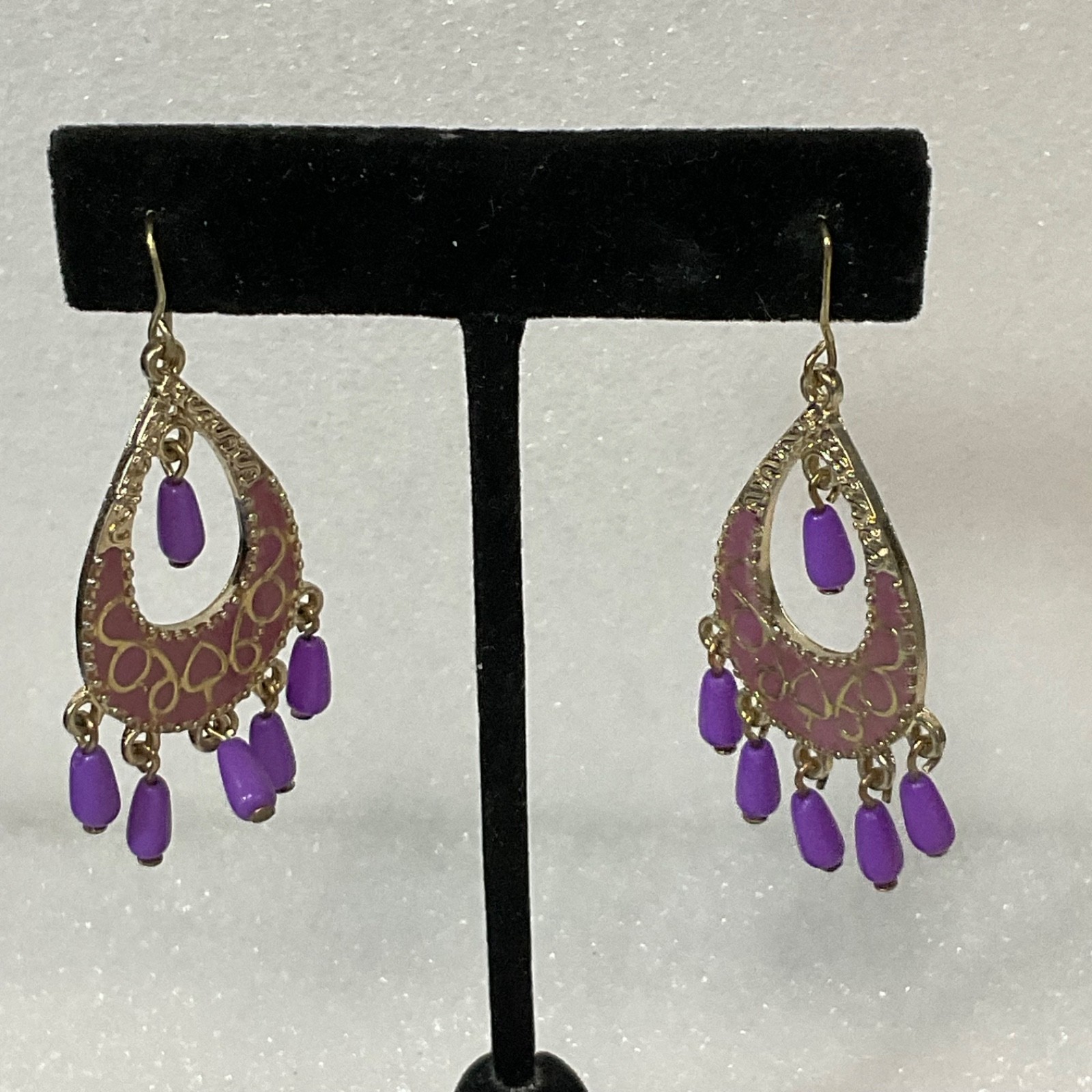 Vintage Purple Beaded Dangle Earrings Boho Chandelier Gypsy Festival Jewelry - Image 1