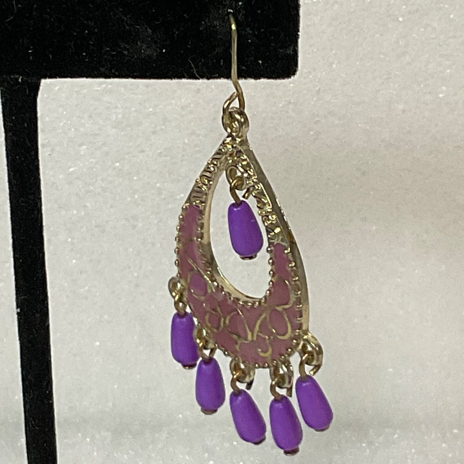 Vintage Purple Beaded Dangle Earrings Boho Chandelier Gypsy Festival Jewelry - Image 3
