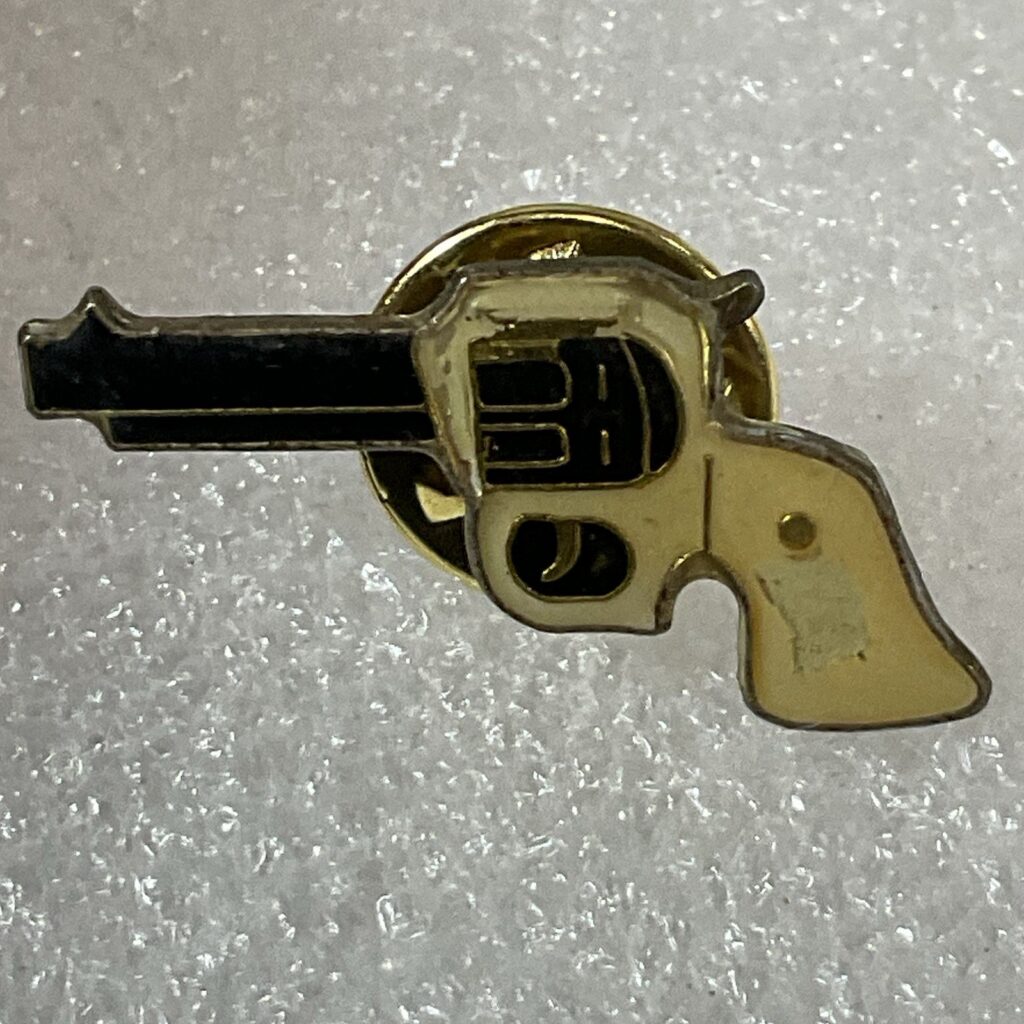 Vintage Outlaw Revolver Pistol Metal Enamel Pin Pinback 1” X 1/2” - Image 1