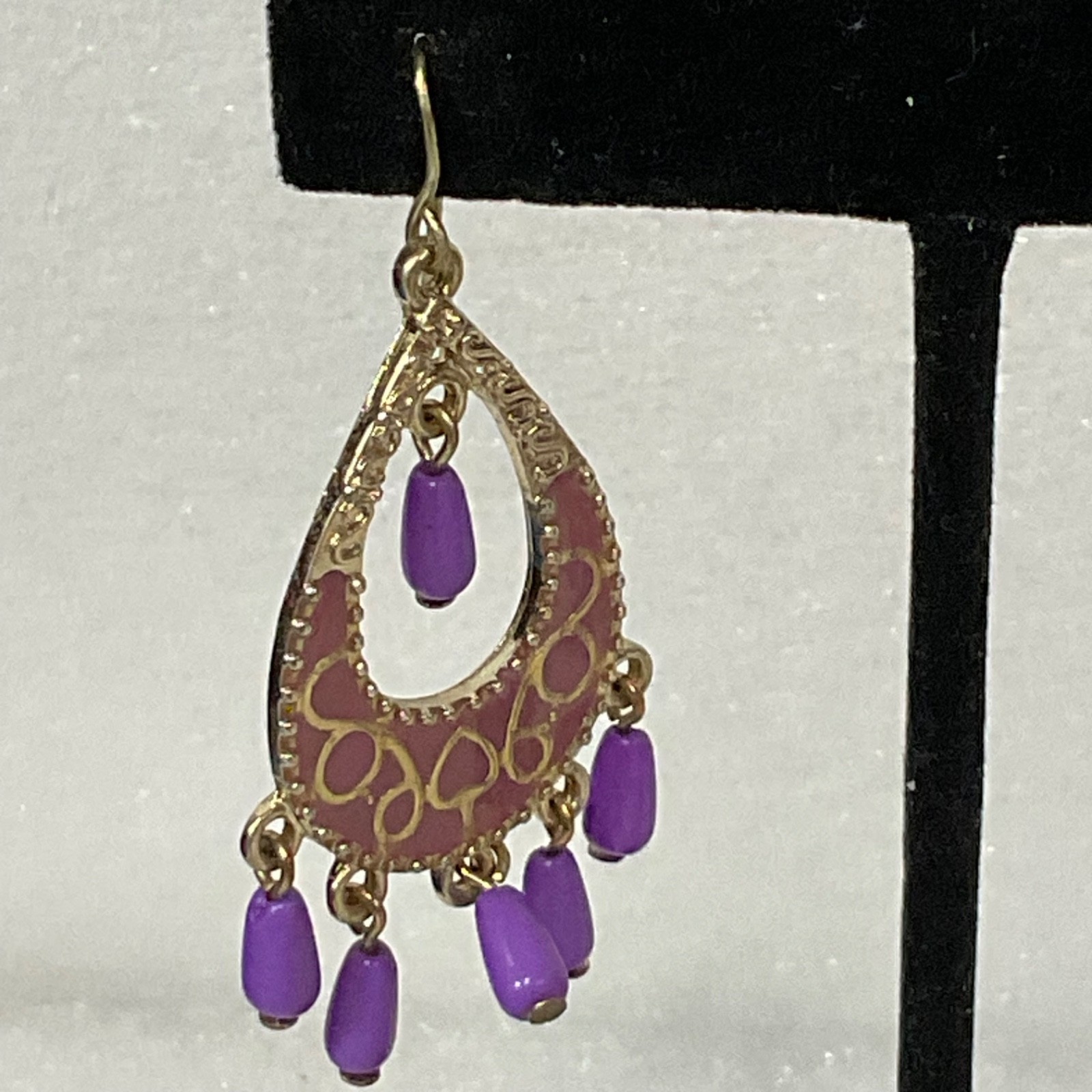 Vintage Purple Beaded Dangle Earrings Boho Chandelier Gypsy Festival Jewelry - Image 2