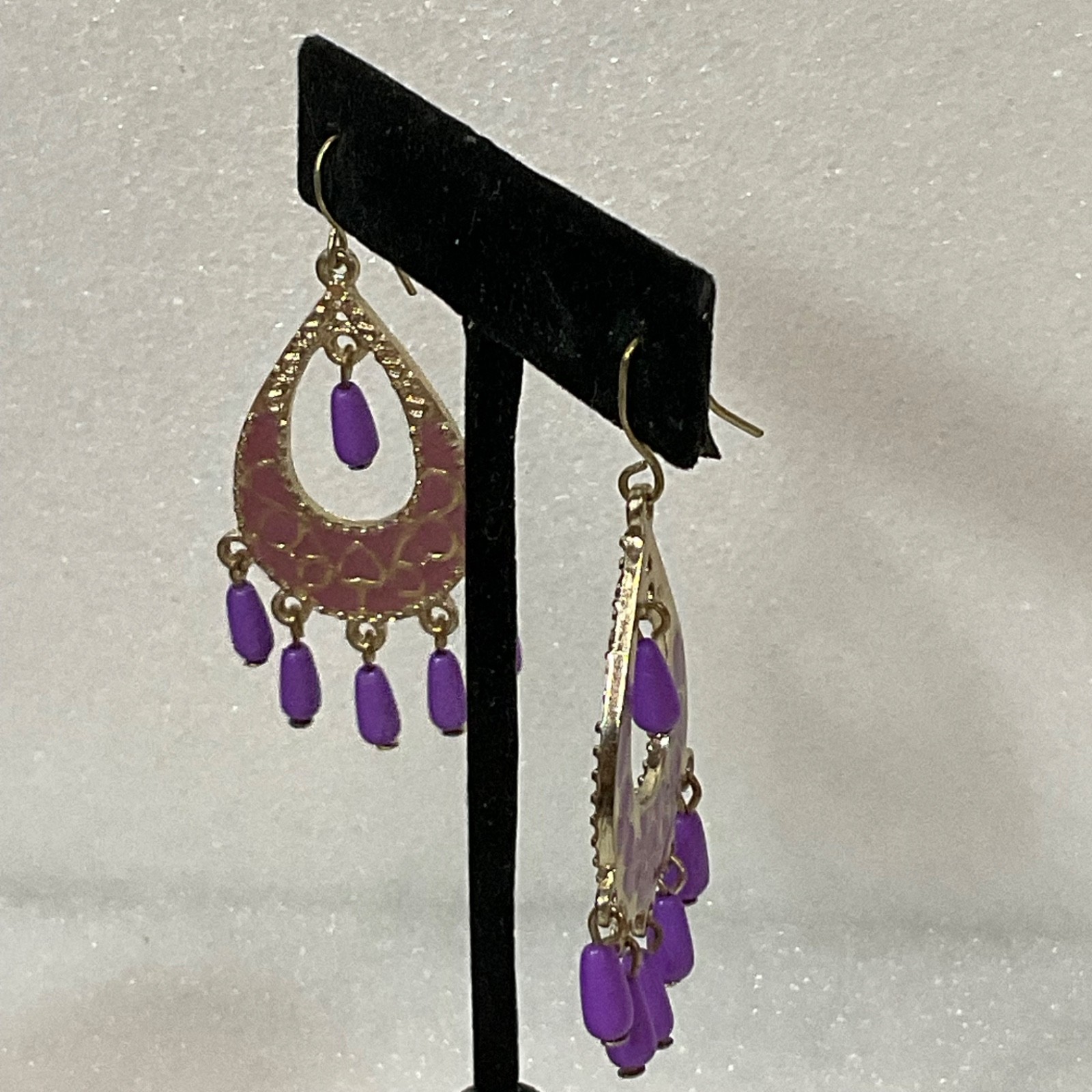 Vintage Purple Beaded Dangle Earrings Boho Chandelier Gypsy Festival Jewelry - Image 4