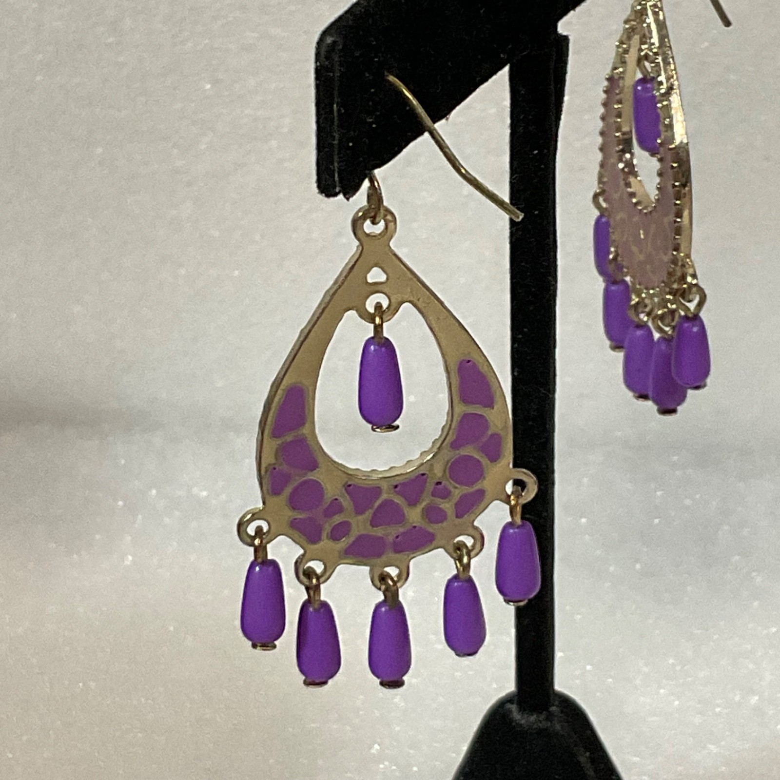 Vintage Purple Beaded Dangle Earrings Boho Chandelier Gypsy Festival Jewelry - Image 6
