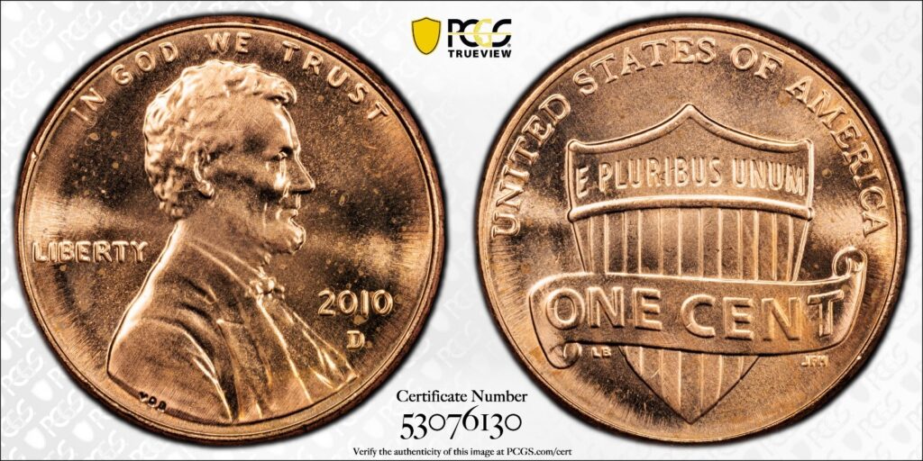 2010-D 1C Lincoln Shield Cent PCGS MS65RD Gold Shield Cert#53076130 - Image 1