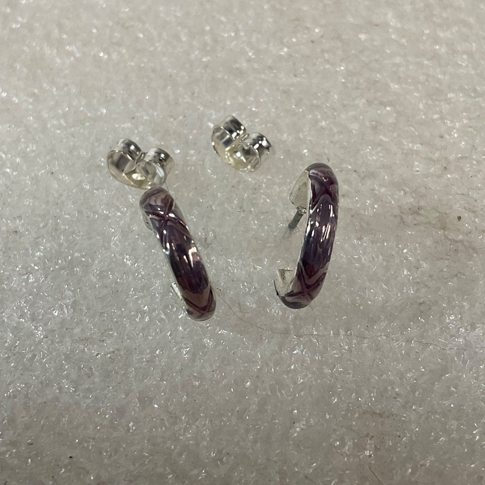 Small Silver Tone Hoop Stud Earrings 0.5in Purple Polished Minimalist Jewelry - Image 1
