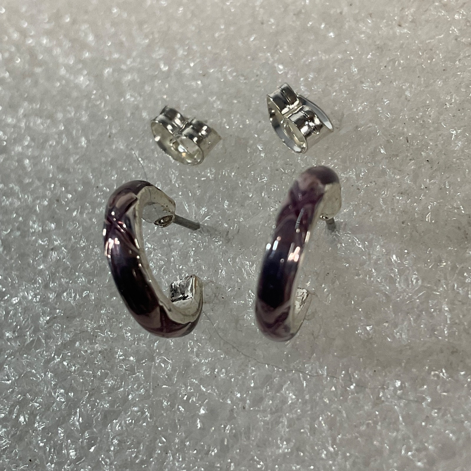 Small Silver Tone Hoop Stud Earrings 0.5in Purple Polished Minimalist Jewelry - Image 2