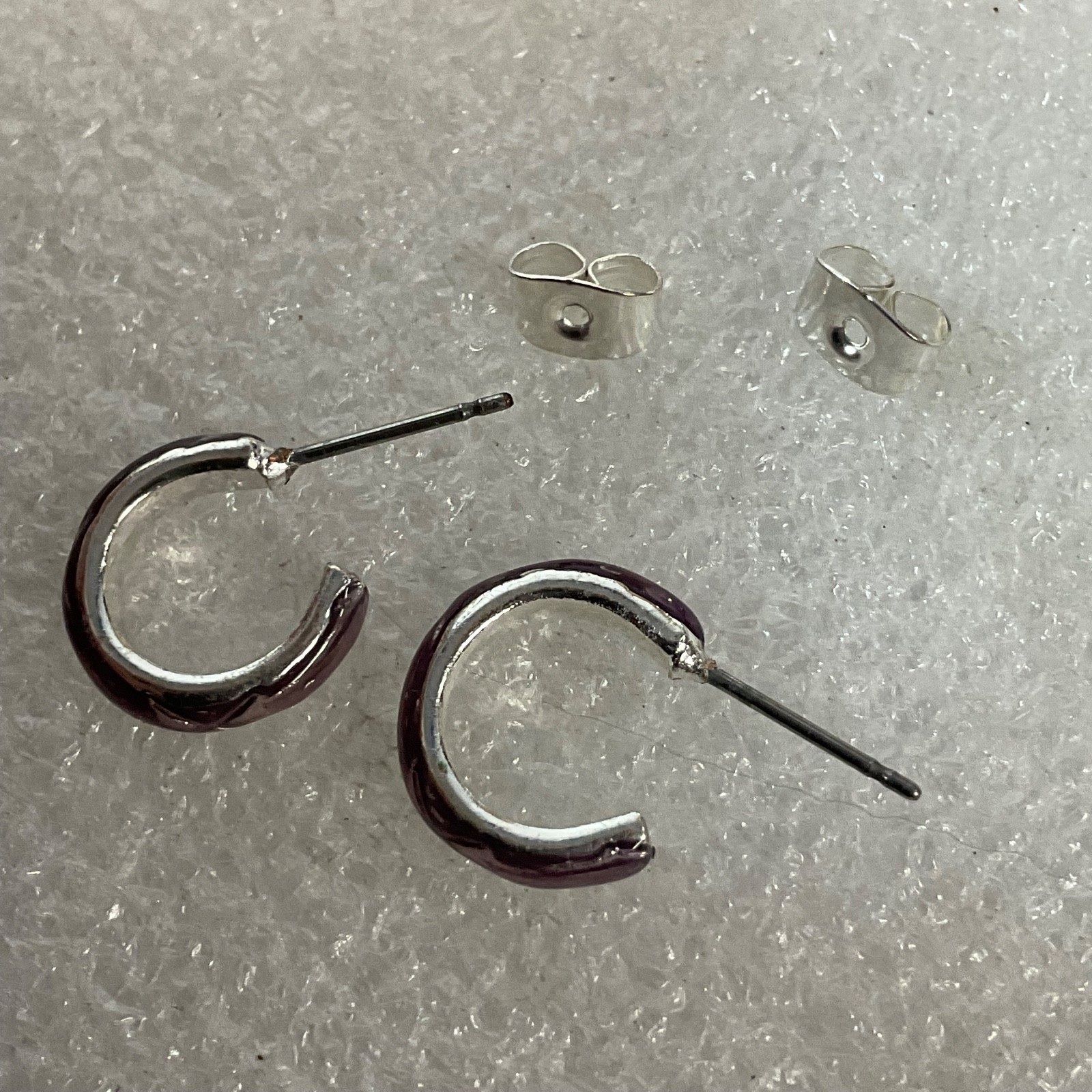 Small Silver Tone Hoop Stud Earrings 0.5in Purple Polished Minimalist Jewelry - Image 3