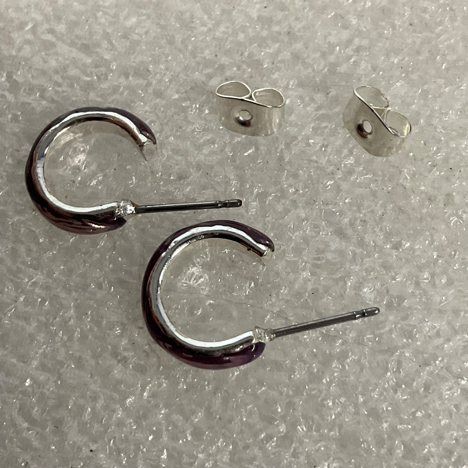 Small Silver Tone Hoop Stud Earrings 0.5in Purple Polished Minimalist Jewelry - Image 4