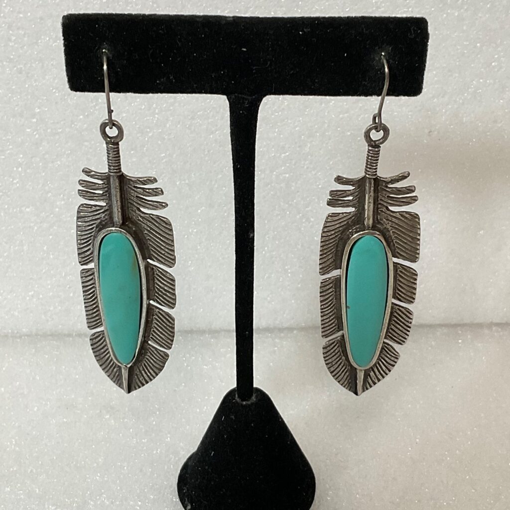 3in Silver Tone Feather Earrings Turquoise Color Center Stone Boho Western Styl - Image 1