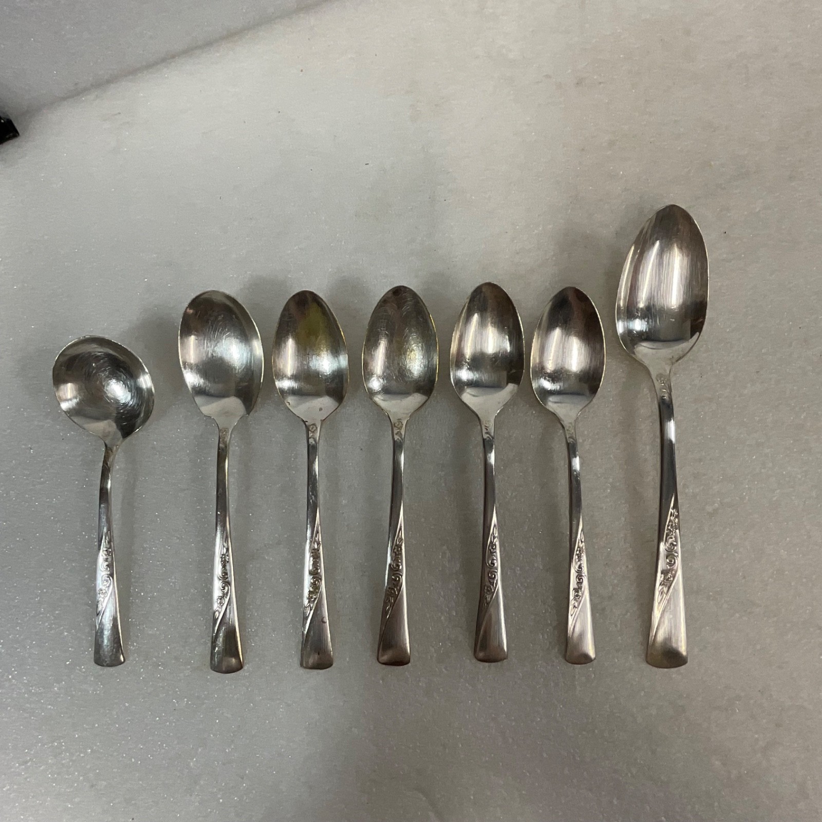 Revelation Silver Plate Spoon Lot 7pc Floral Handle Mixed Flatware - Image 1