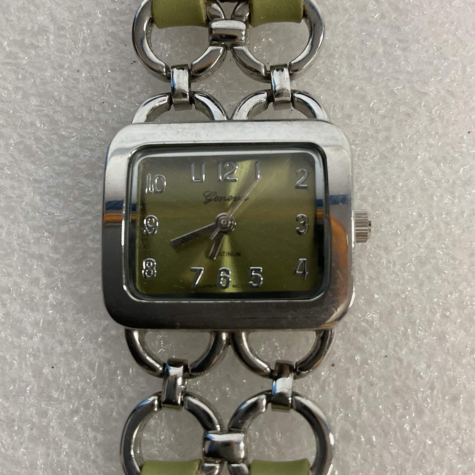Geneva Platinum No 5398 Watch Leather Metal Band Analog Metallic Green Dial - Image 2