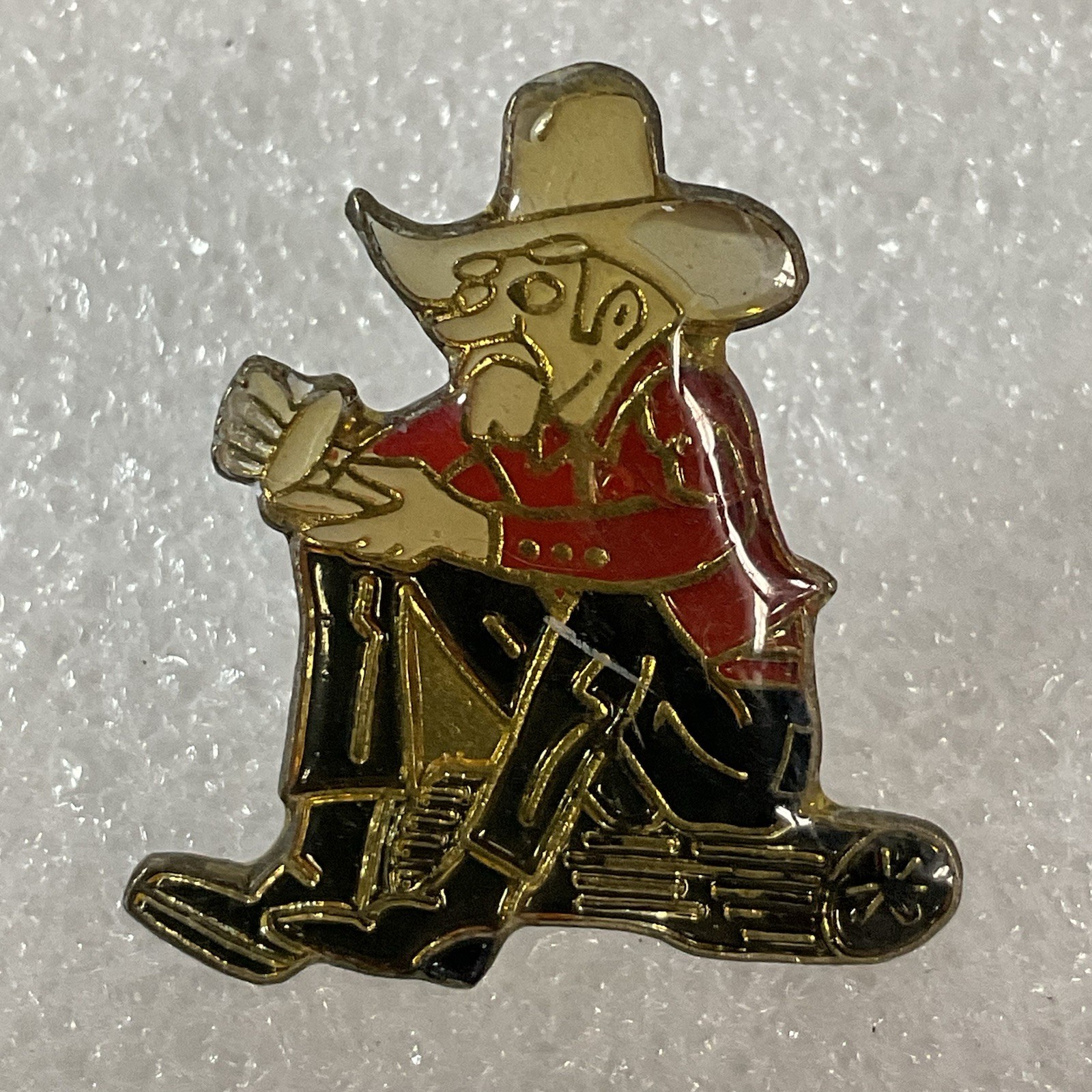 Vintage Cowboy Sitting On Log Metal Enamel 1” Pin GnuCollectibles - Image 1
