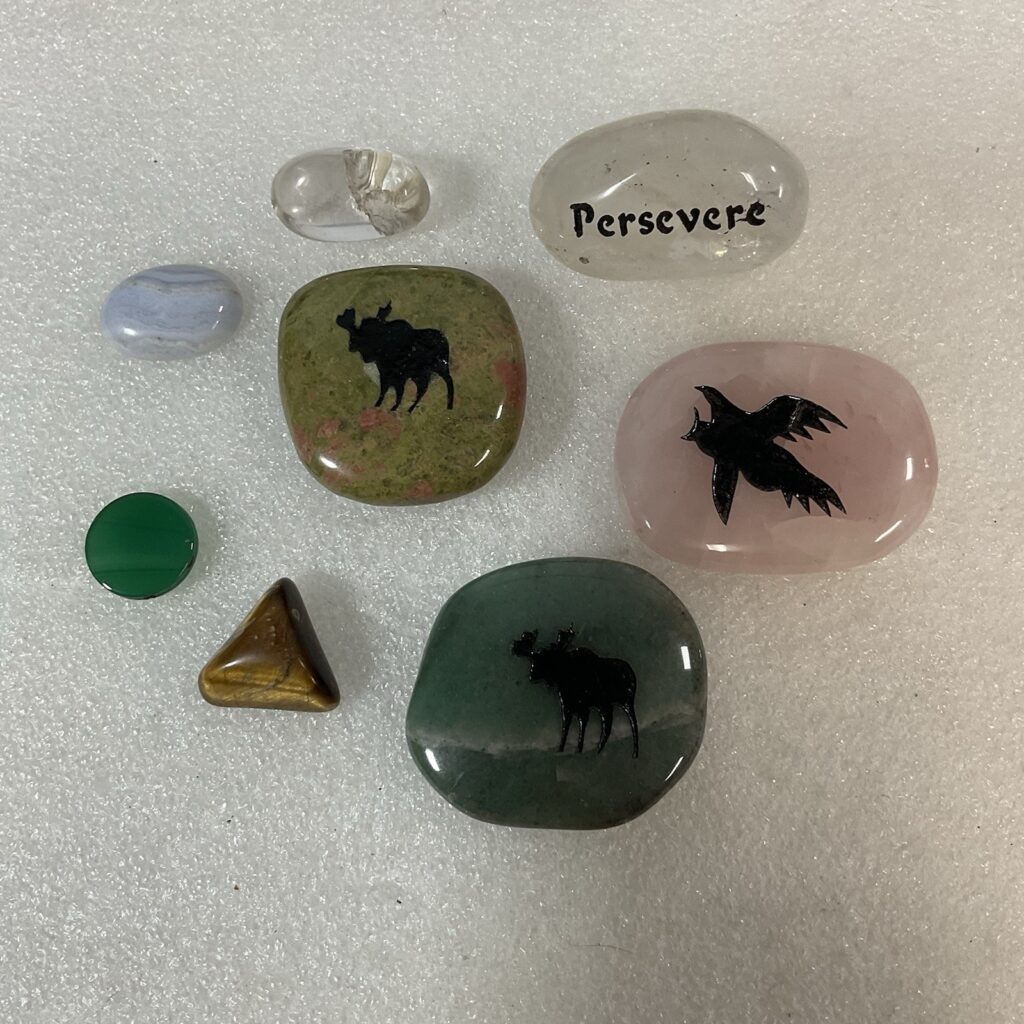 Polished Stone Crystal Lot Moose Bird Persevere Tigers Eye 8 Pieces - Image 1