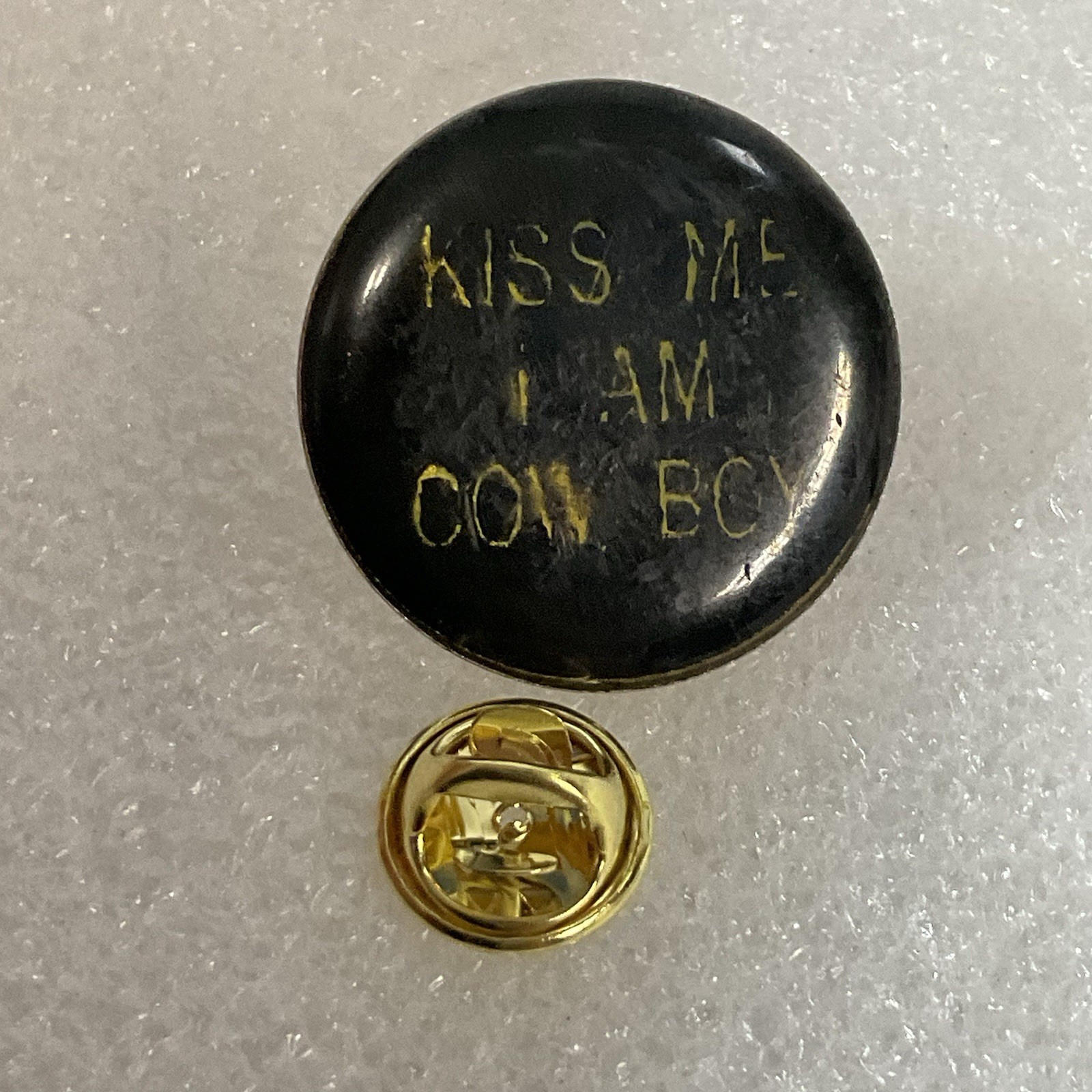 Kiss Me I Am Cow Boy Black & Gold Lettering Enamel Metal 1” Round Pin Pinback - Image 3