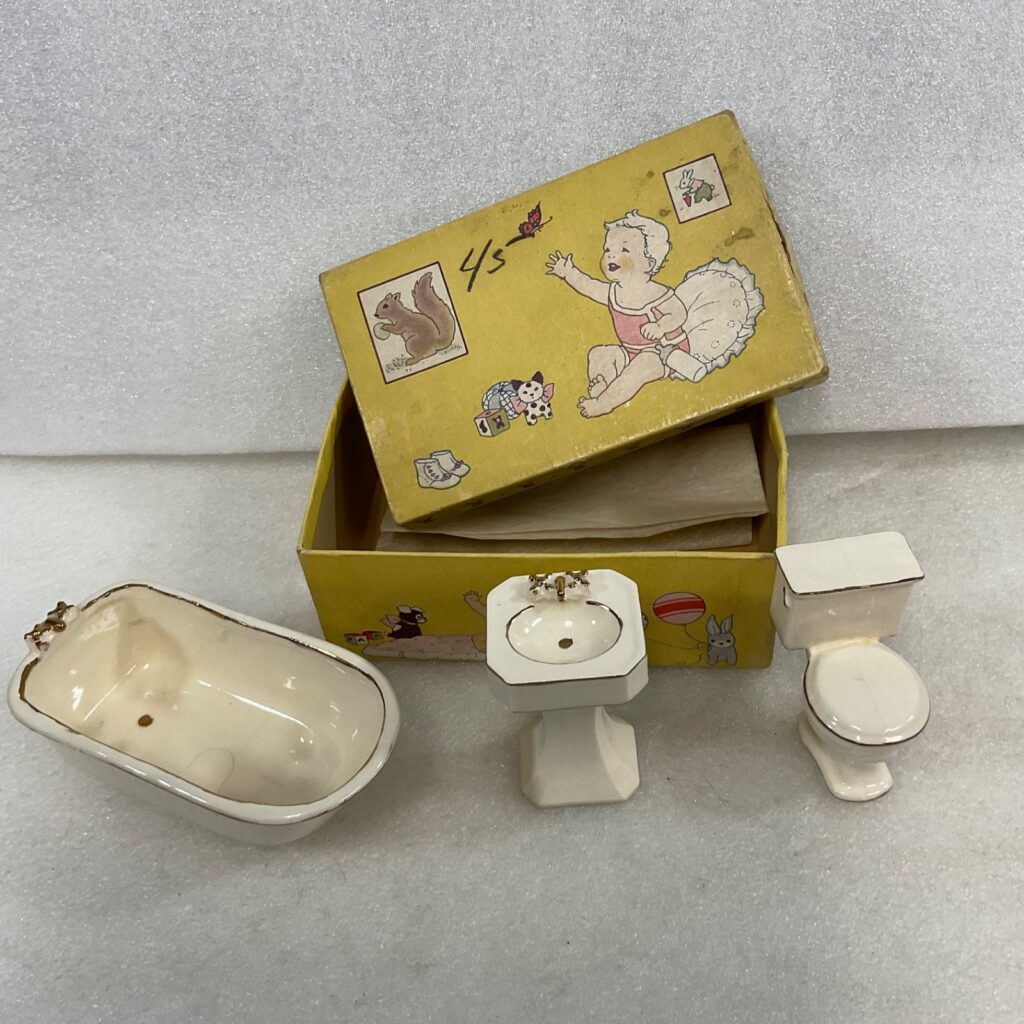 Dollhouse Bathroom Set Ceramic 3 Pc with Illustrated Box 6 in - Image 1