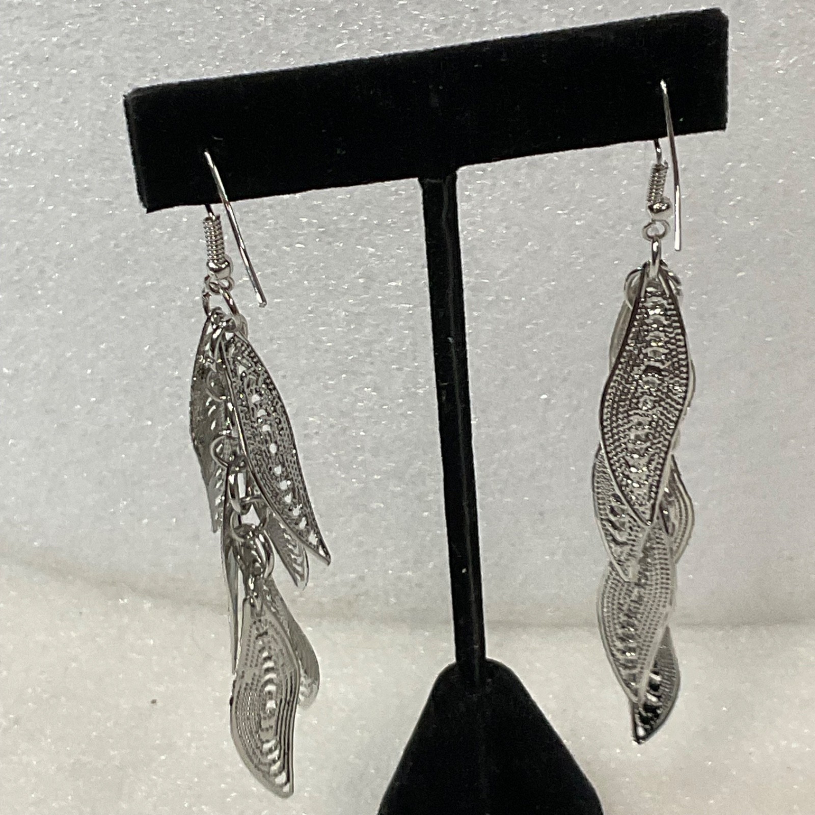 Silver Tone Leaf Dangle Earrings 3 in Multi Drop Textured Fashion Jewelry - Image 4