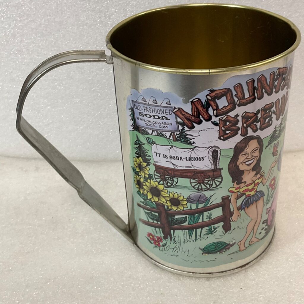Chuck Wagon Soda Mountain Brew Tin Cup 5 in Tall with Broken Bent Handle - Image 1