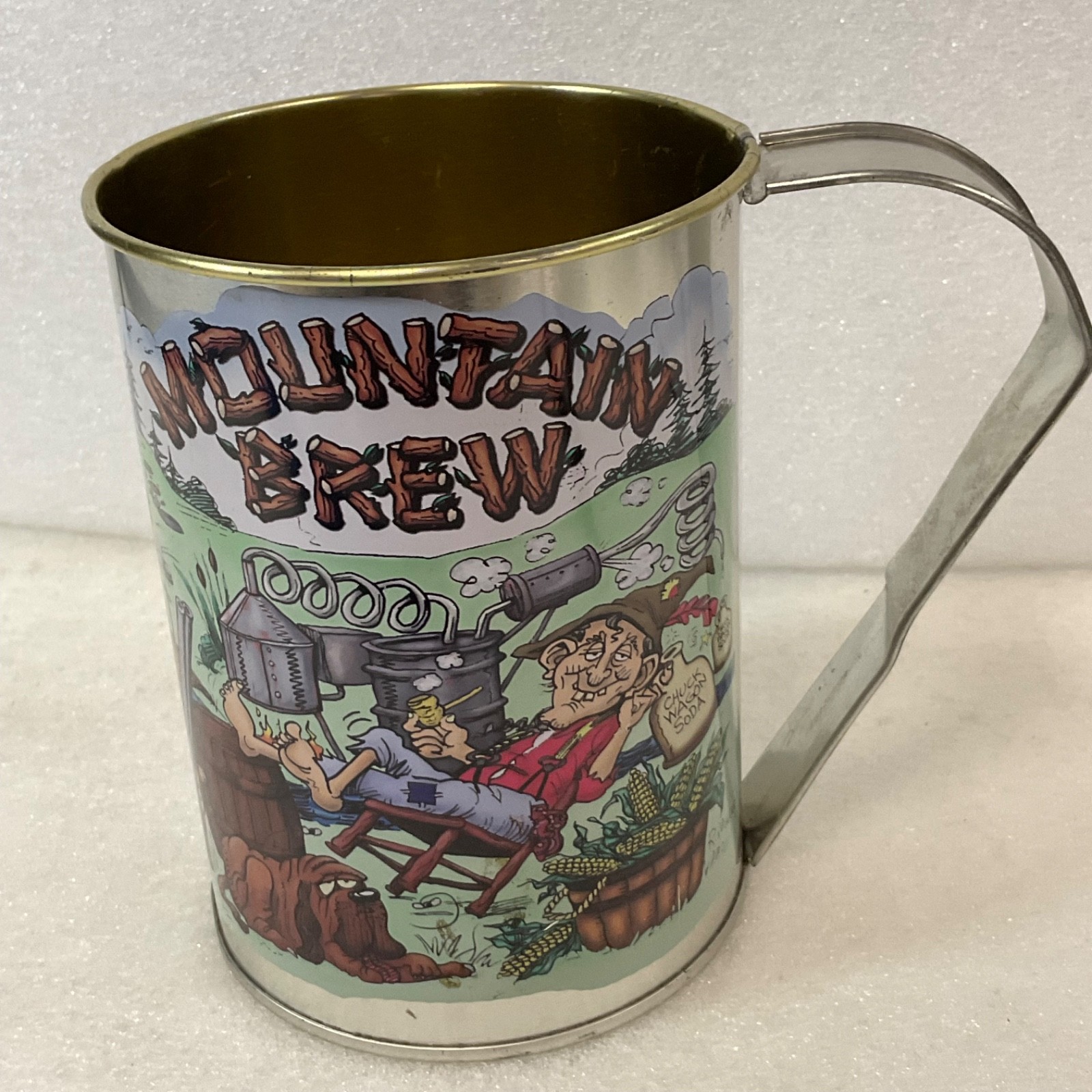 Chuck Wagon Soda Mountain Brew Tin Cup 5 in Tall with Broken Bent Handle - Image 4