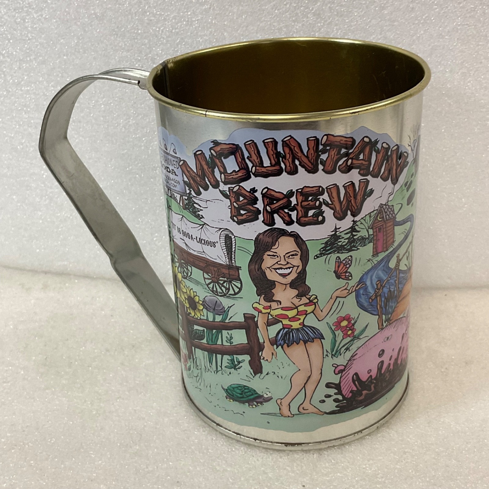 Chuck Wagon Soda Mountain Brew Tin Cup 5 in Tall with Broken Bent Handle - Image 2