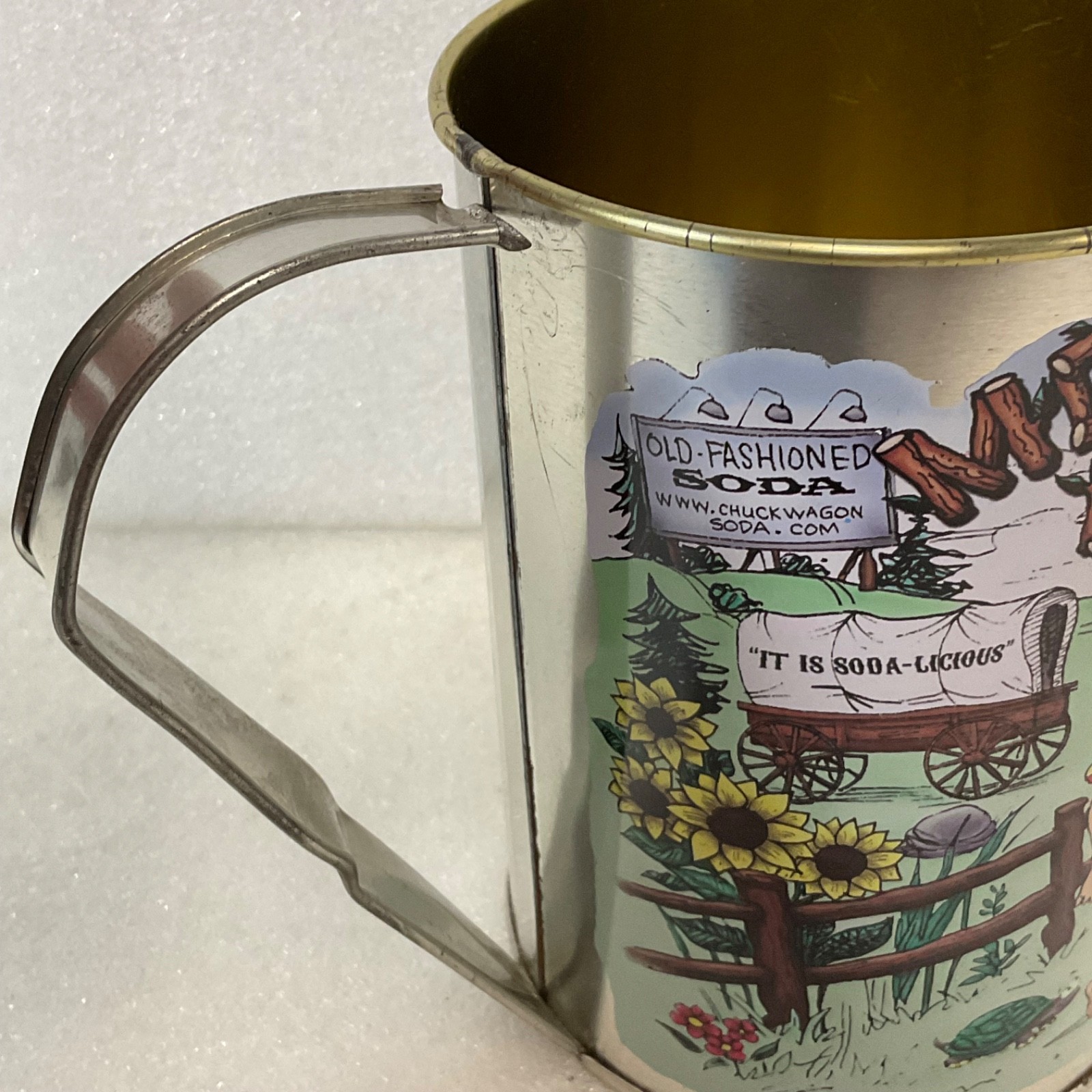 Chuck Wagon Soda Mountain Brew Tin Cup 5 in Tall with Broken Bent Handle - Image 6